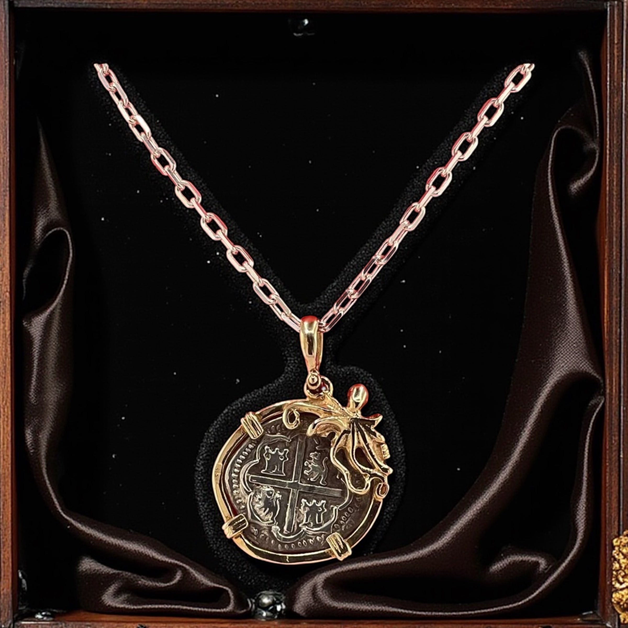 NUESTRA SENORA DE ATOCHA SILVER COIN PENDANT IN 14KT SOLID GOLD OCTOPUS BEZEL