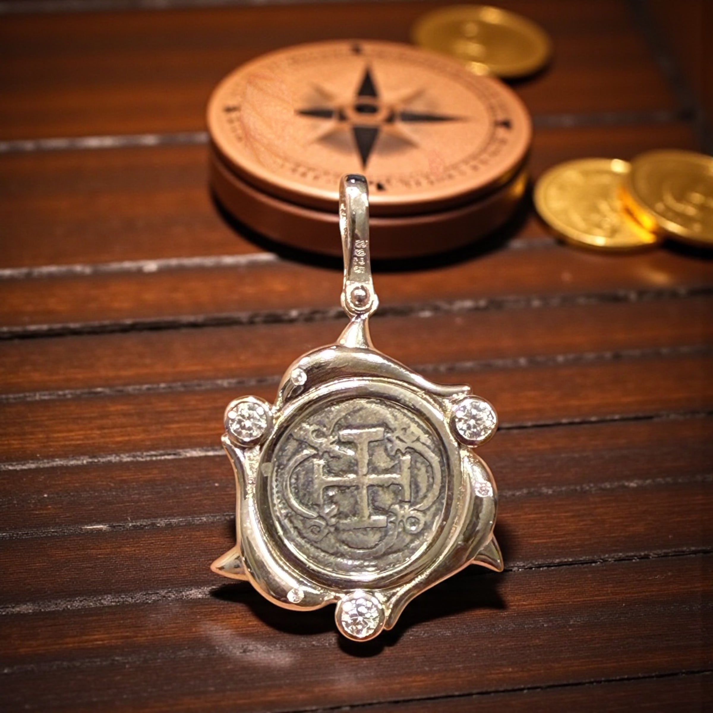 Atocha Shipwreck mini coin pendant in beautiful dolphins and crystals 21mm