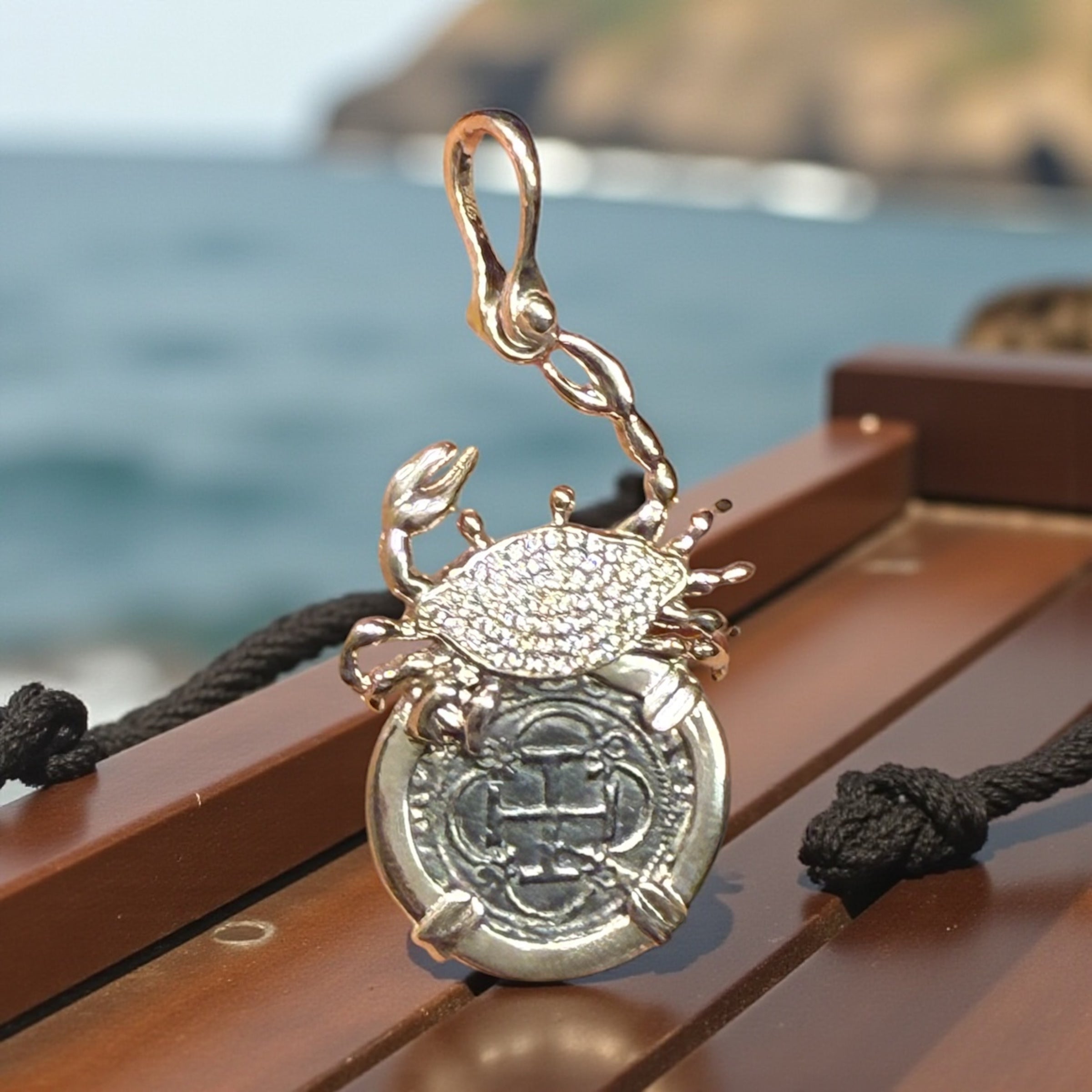 Atocha Shipwreck silver coin pendant in crystal crab setting