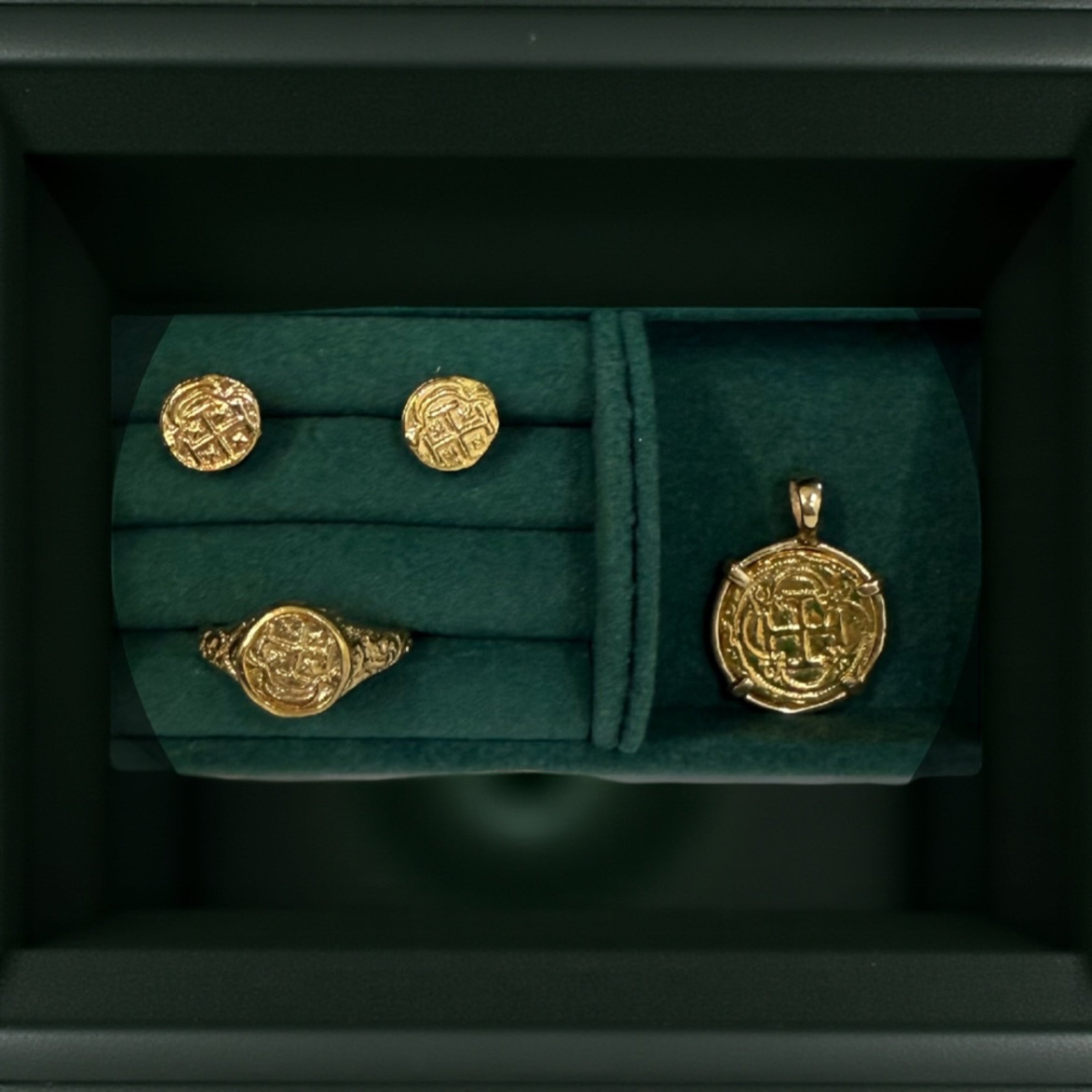 14k real solid gold shipwreck jewelry set studs, ring and pendant