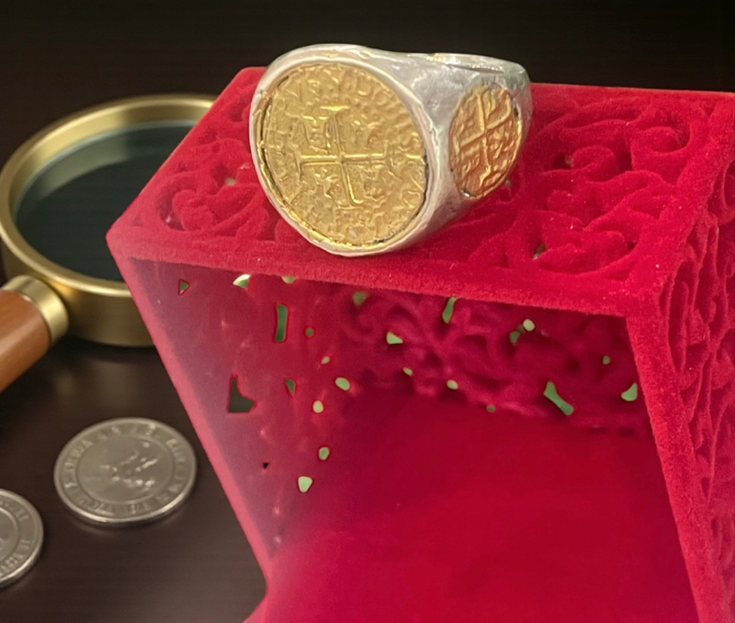 NUESTRA SENORA DE ATOCHA SILVER SOLID HEAVY COIN RING IN 14k GOLD PLATED COINS