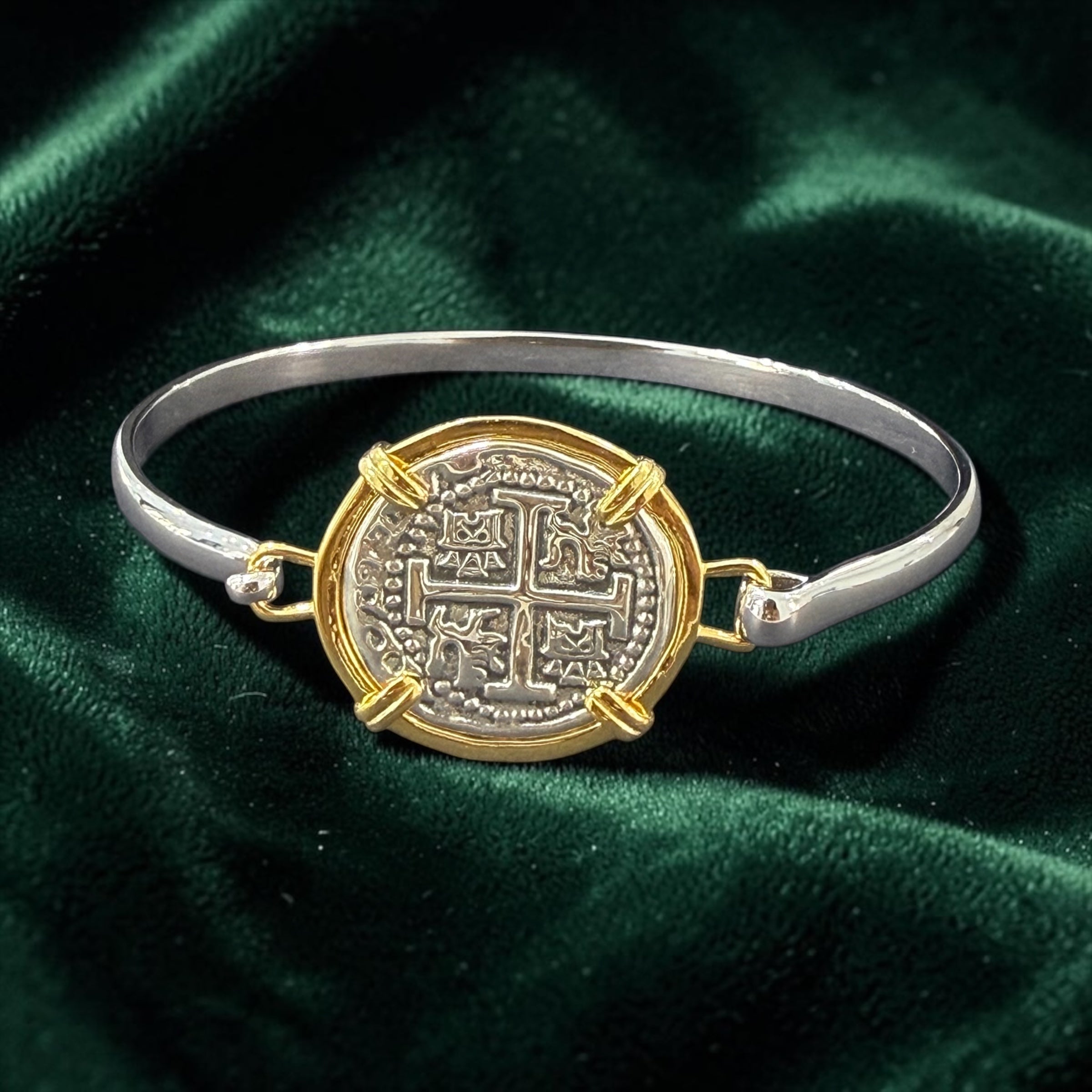 925 solid sterling silver recreation of atocha coin bangle two tone gold and silver