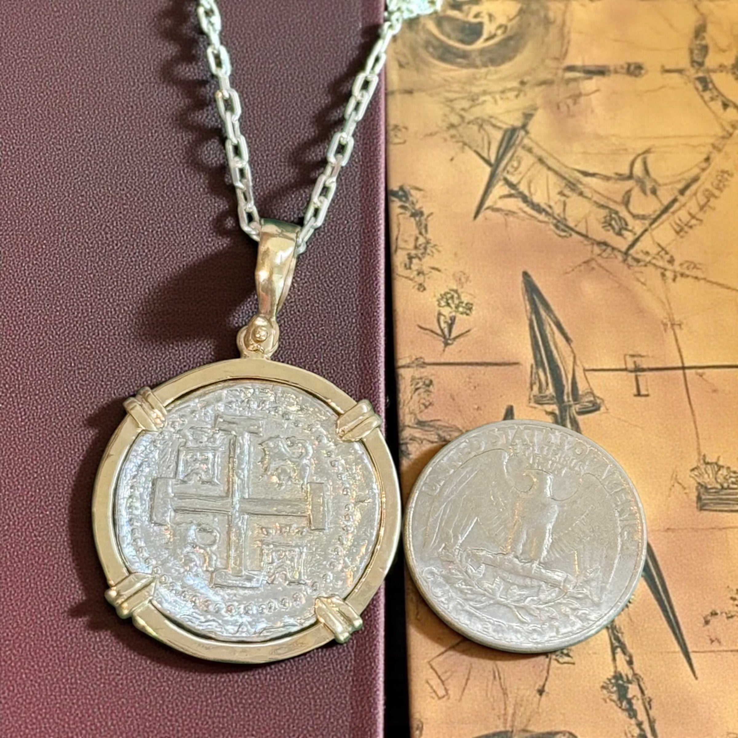 ATOCHA SHIPWRECK SILVER COIN PENDANT IN 14KT SOLID REAL GOLD BEZEL