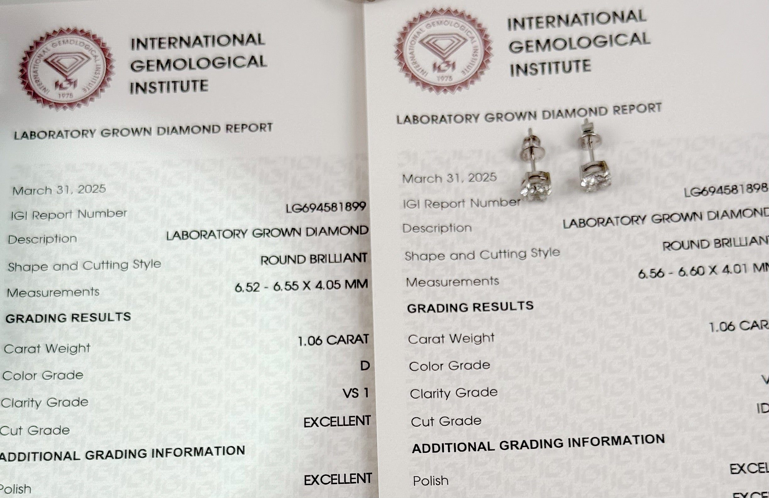 IGI CERTIFIED LAB GROWN DIAMOND STUDS 2.12 CTS VS 1 SET IN 14K SOLID REAL WHITE GOLD