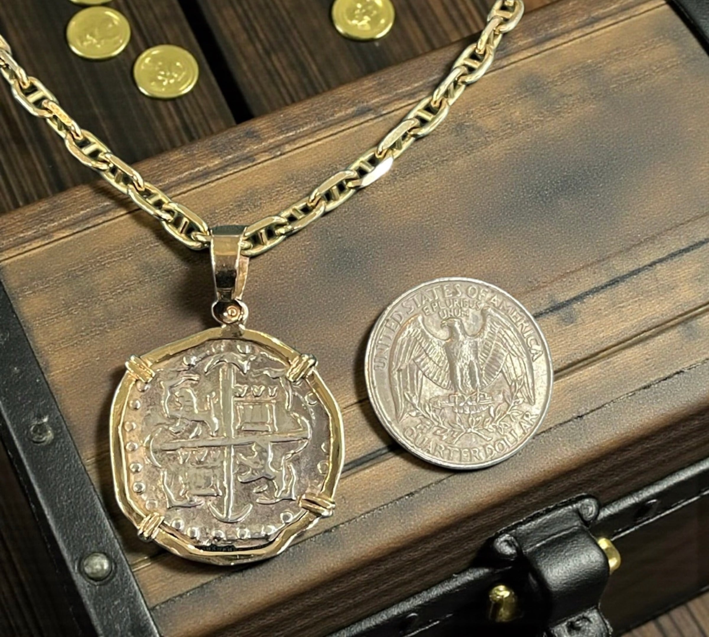 NUESTRA SENORA DE ATOCHA SOLID SILVER COIN PENDANT IN 14KT SOLID GOLD BEZEL