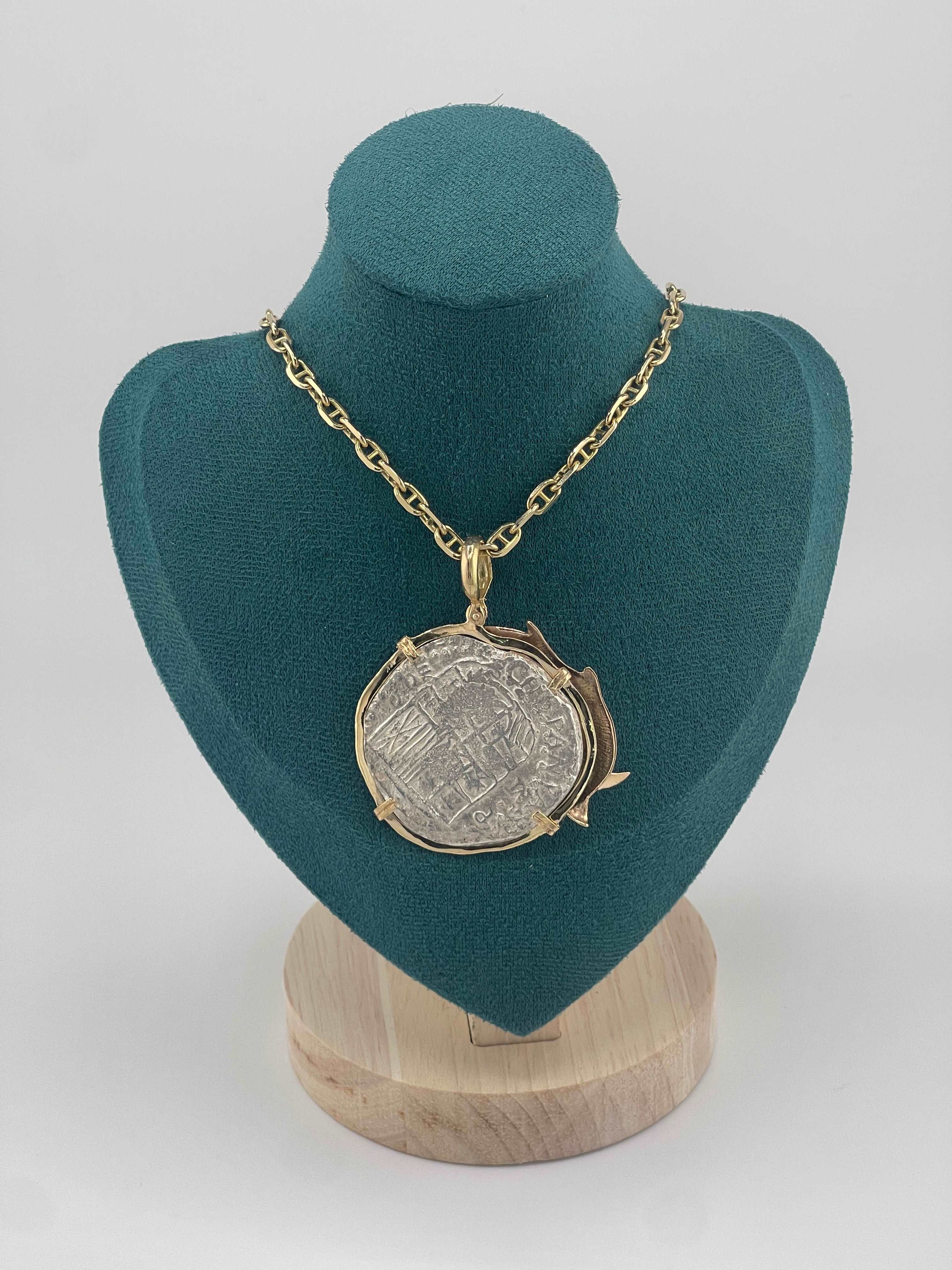 NUESTRA SENORA DE ATOCHA SOLID LARGE SILVER COIN PENDANT IN 14KT SOLID GOLD FISH BEZEL