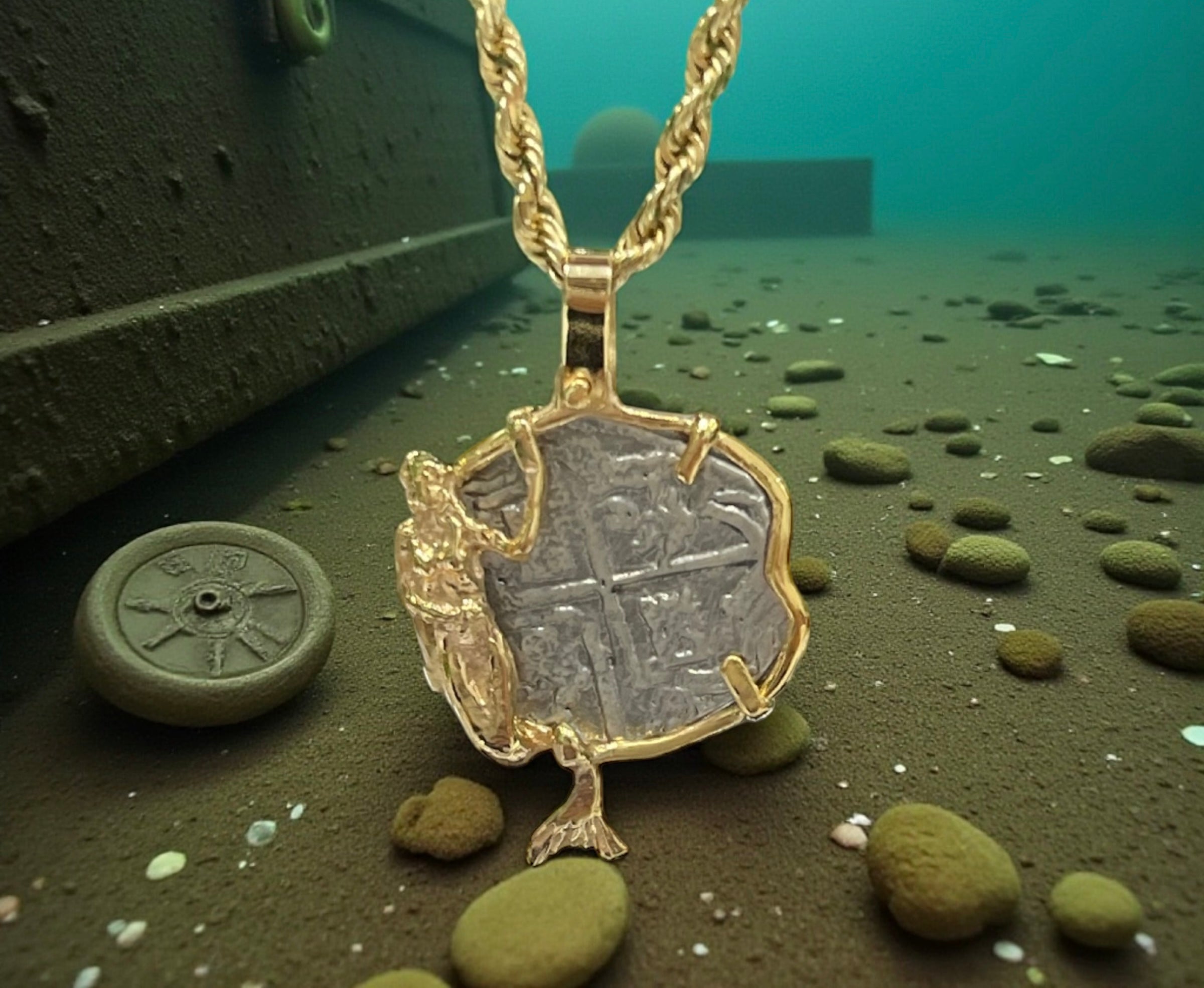 ATOCHA SHIPWRECK SILVER COIN PENDANT IN 14KT SOLID REAL GOLD MERMAID BEZEL