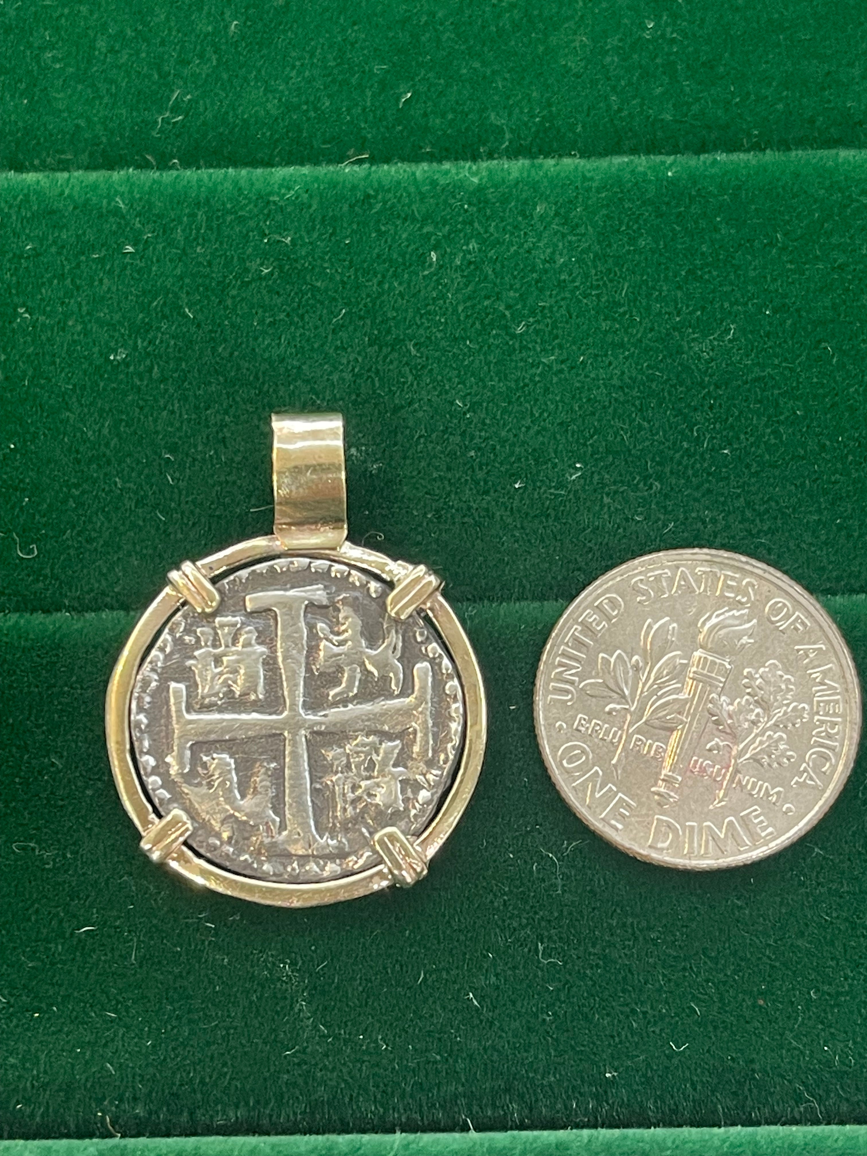 ATOCHA SILVER COIN PENDANT IN 14K REAL SOLID GOLD BEZEL HANDMADE FROM ATOCHA SILVER