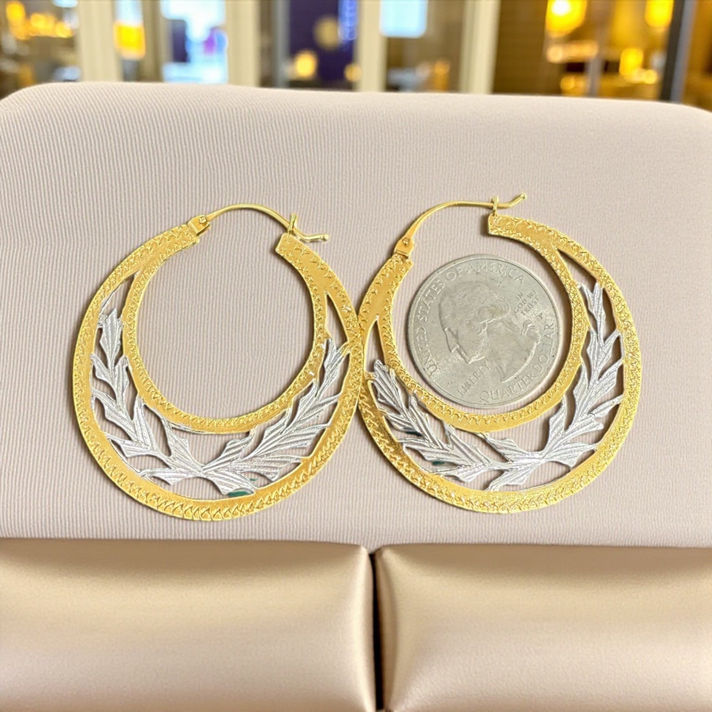 14K REAL GOLD HANDMADE JUMBO CUBAN HOOP EARRINGS TWO TONE