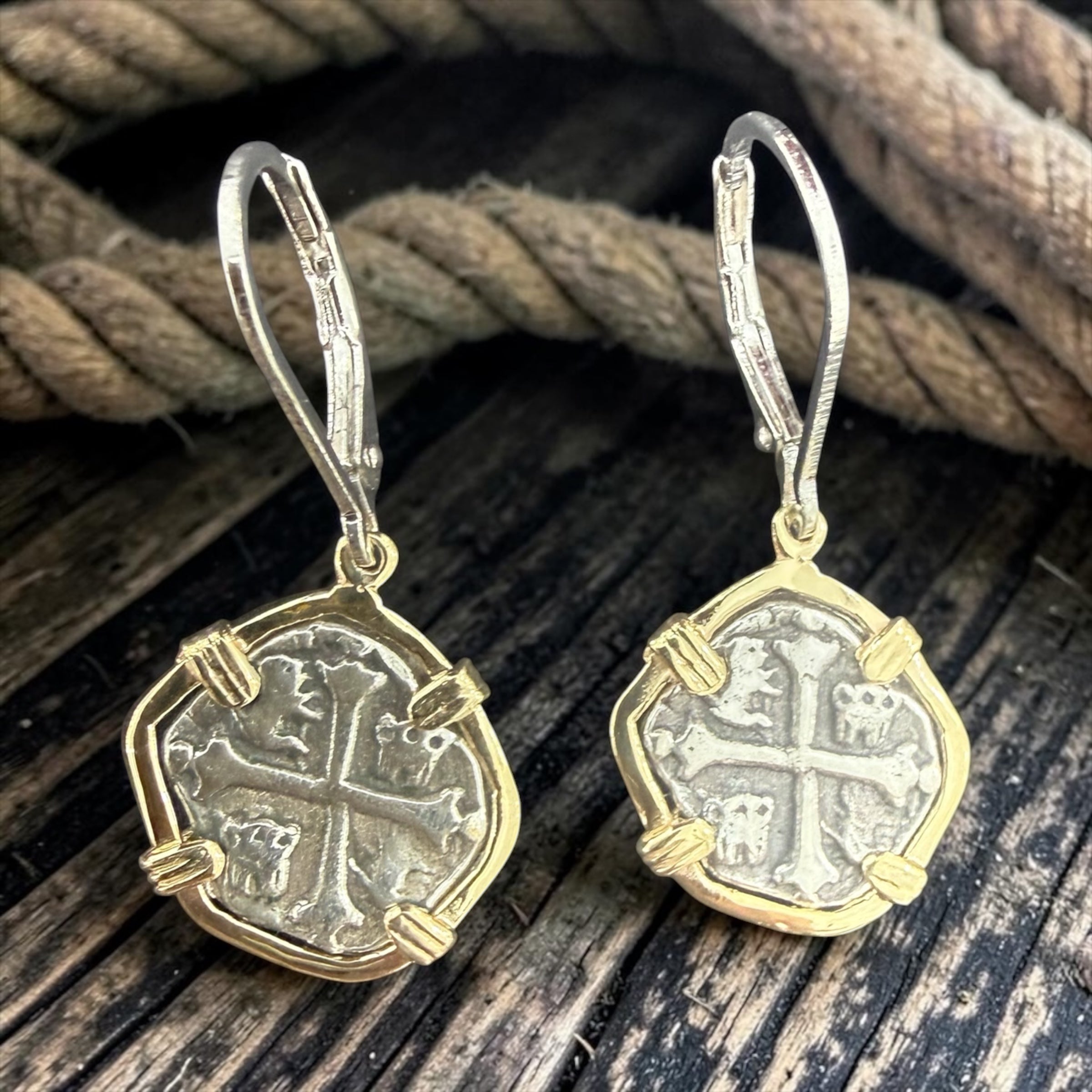 ATOCHA SILVER COIN DANGLE EARRINGS IN 14k GOLD BEZEL 15MM