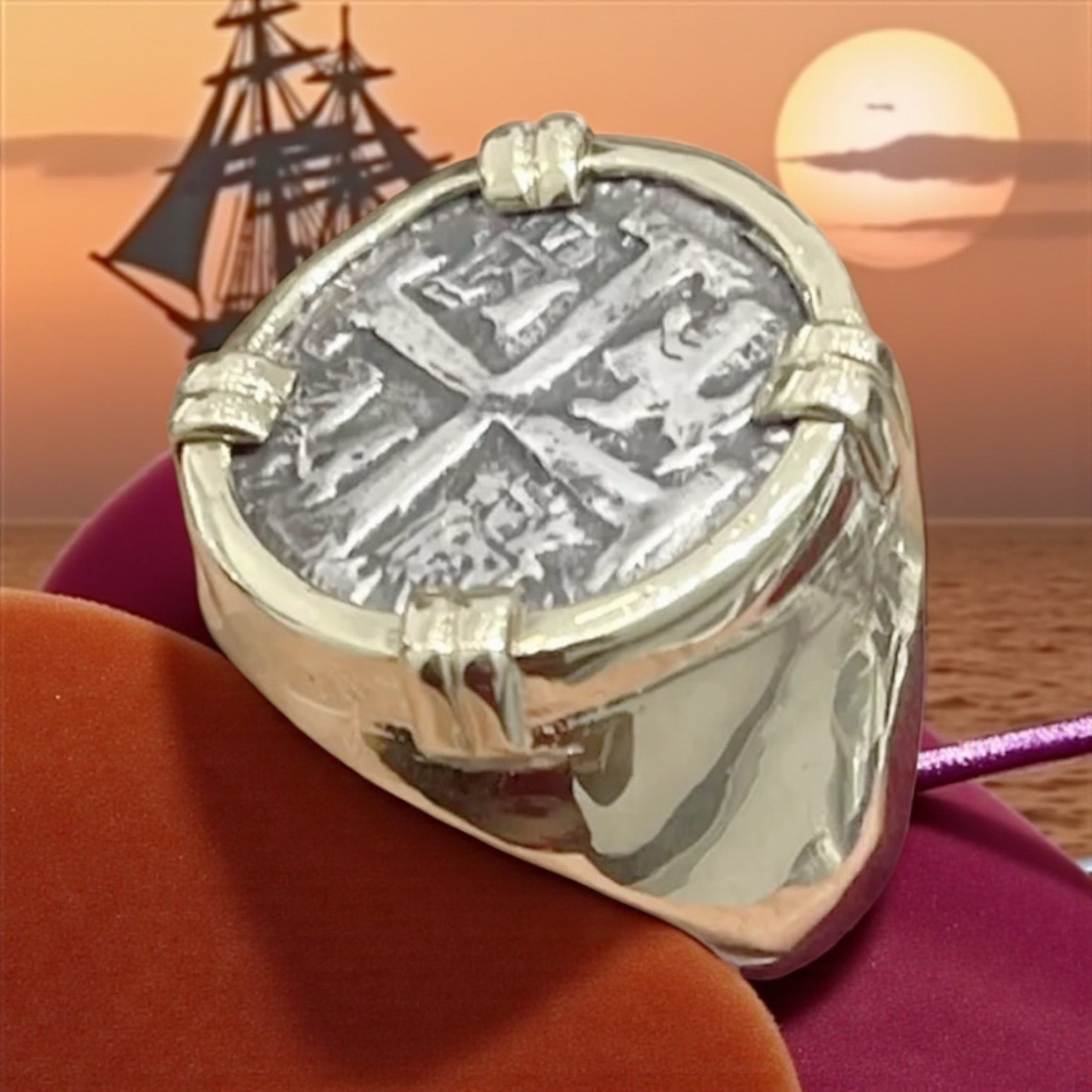 NUESTRA SENORA DE ATOCHA SILVER COIN RING IN 14k SOLID REAL GOLD BEZEL AND BAND