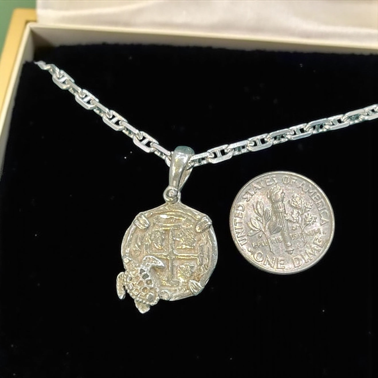 NUESTRA SENORA DE ATOCHA SOLID SILVER COIN PENDANT WITH TURTLE