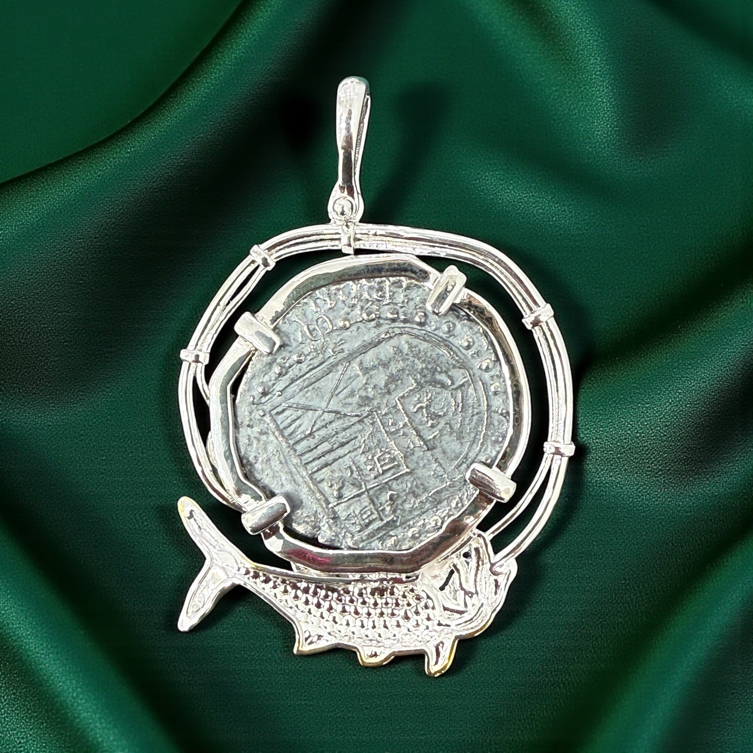 Atocha large size silver coin pendant in beautiful hook rope bezel and 14k gold vermeil fish setting on bottom in green crystal eye