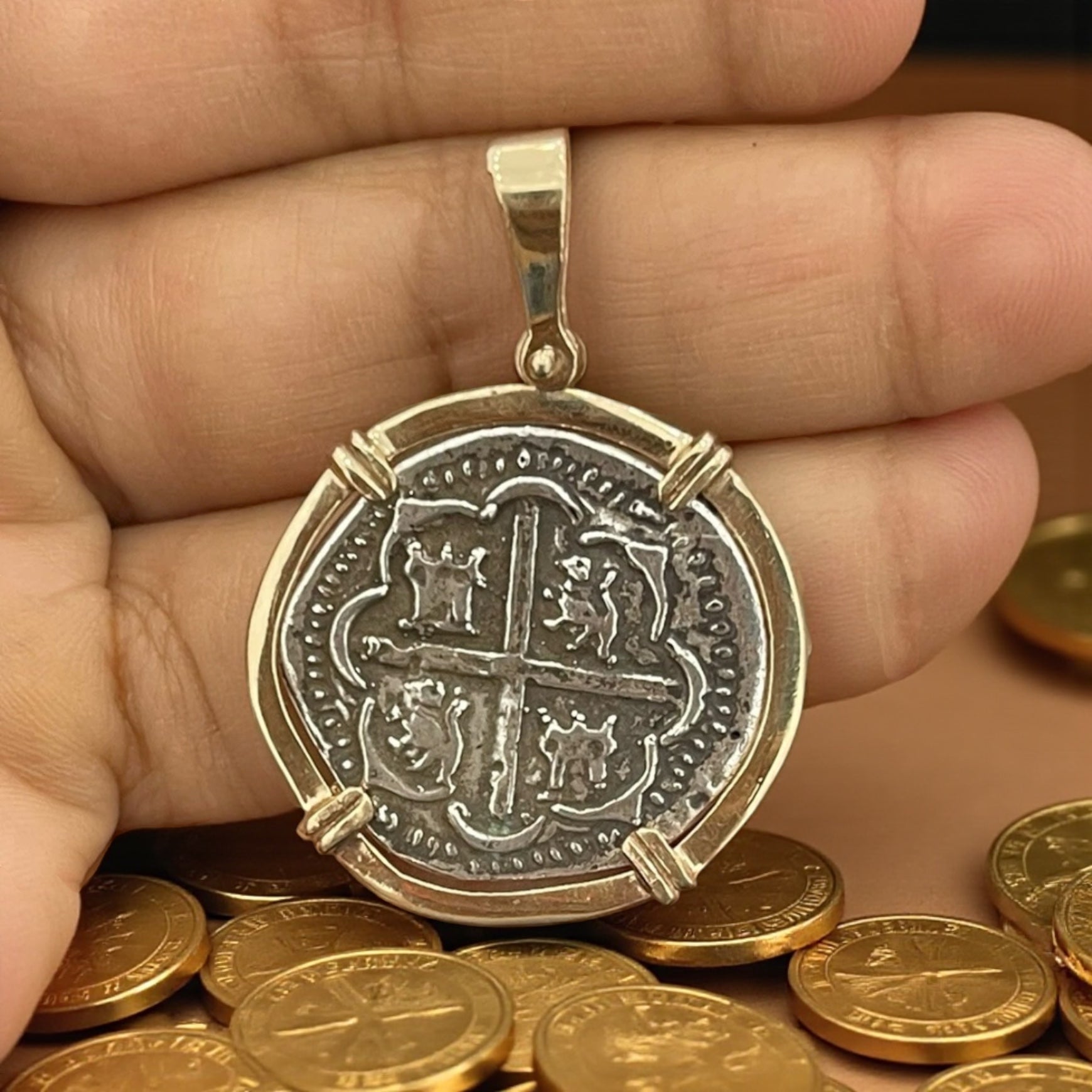 ATOCHA SILVER COIN PENDANT IN 14K REAL SOLID GOLD BEZEL HANDMADE FROM ATOCHA SILVER QUARTER SIZE