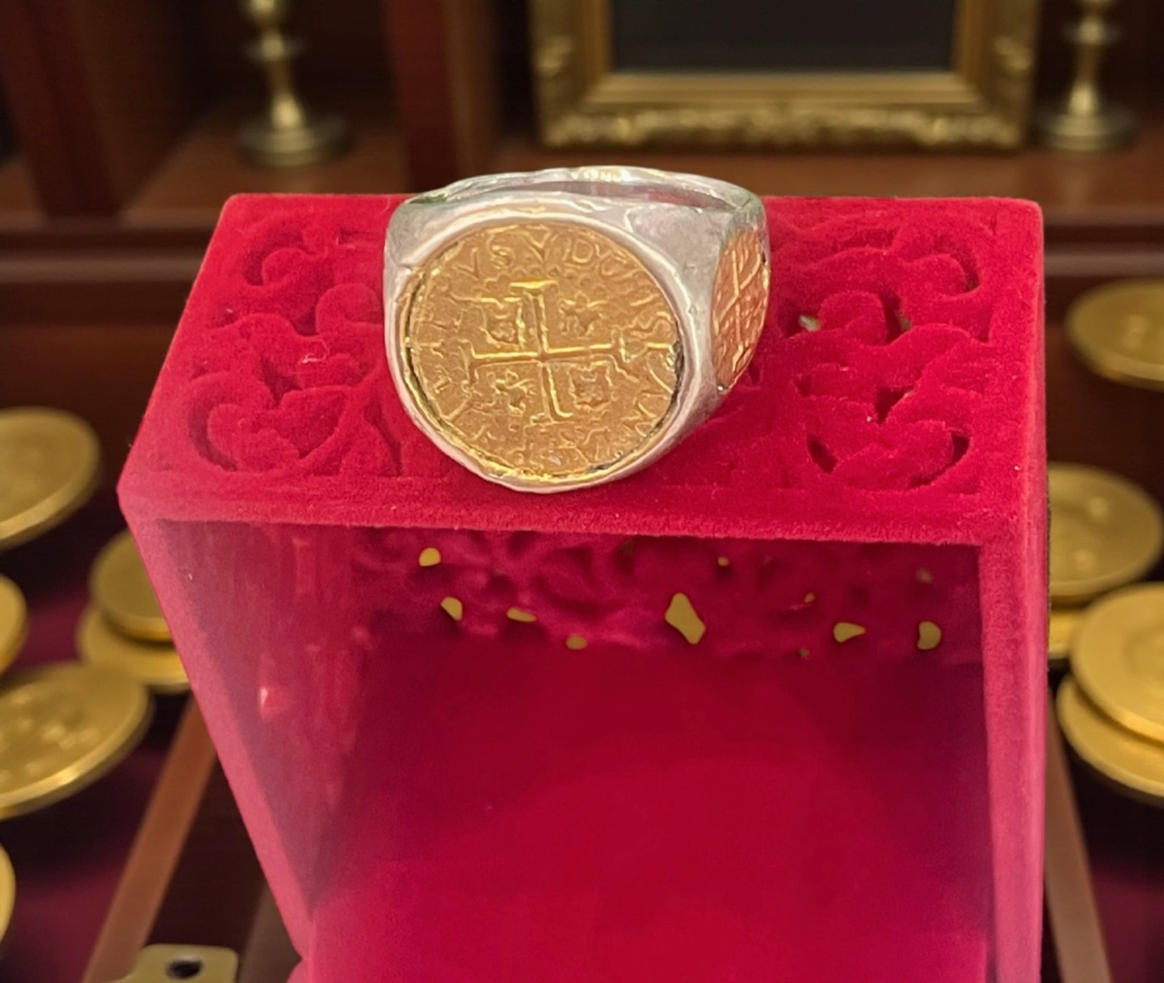 NUESTRA SENORA DE ATOCHA SILVER SOLID HEAVY COIN RING IN 14k GOLD PLATED COINS