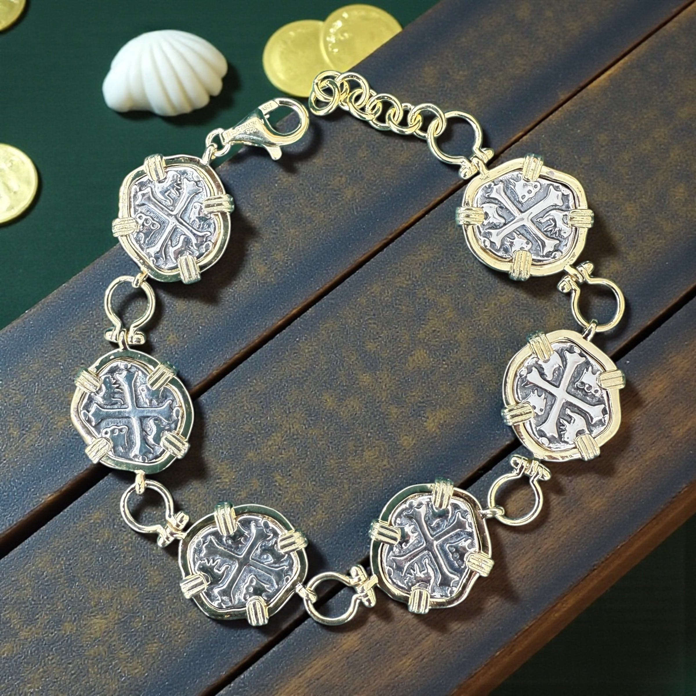 BEAUTIFUL ATOCHA 925 STERLING SILVER COIN BRACELET IN SHACKLE LINK ADJUSTABLE 6” to 7” BOTH