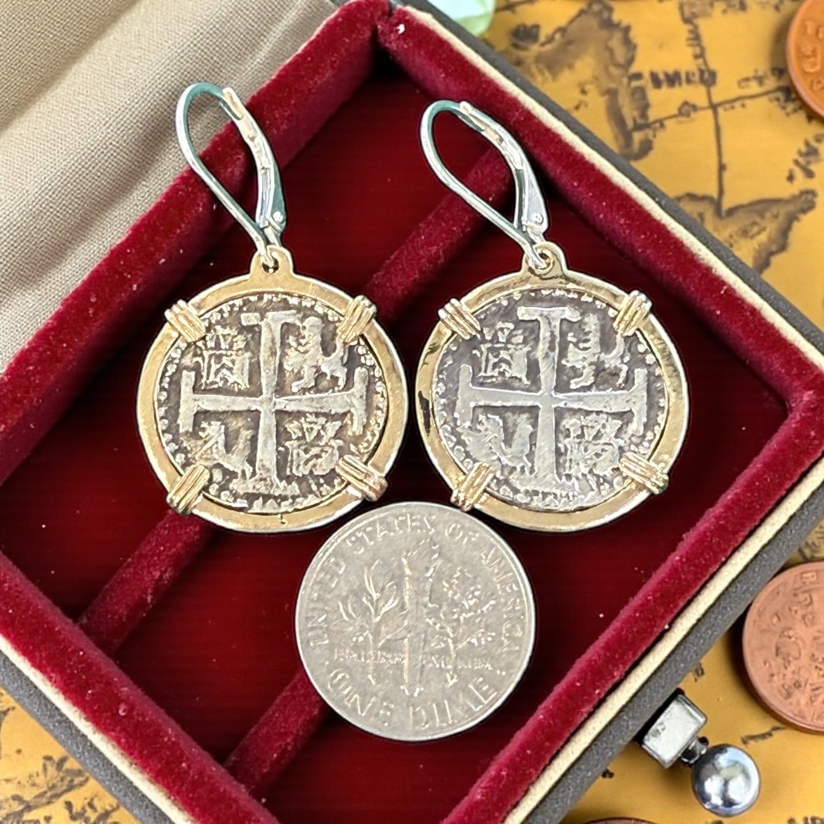 HANDMADE ATOCHA SILVER COIN EARRINGS IN 14k GOLD BEZEL