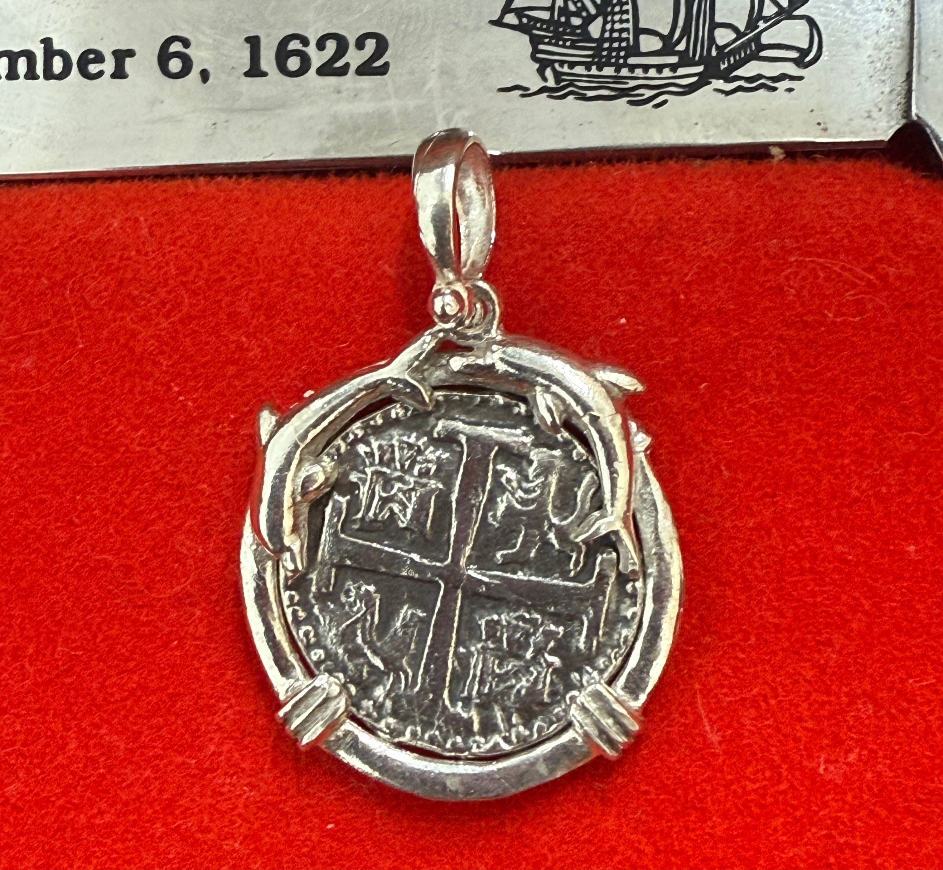 Atocha Shipwreck Treasure Mel fisher silver mini coin pendant on dolphin