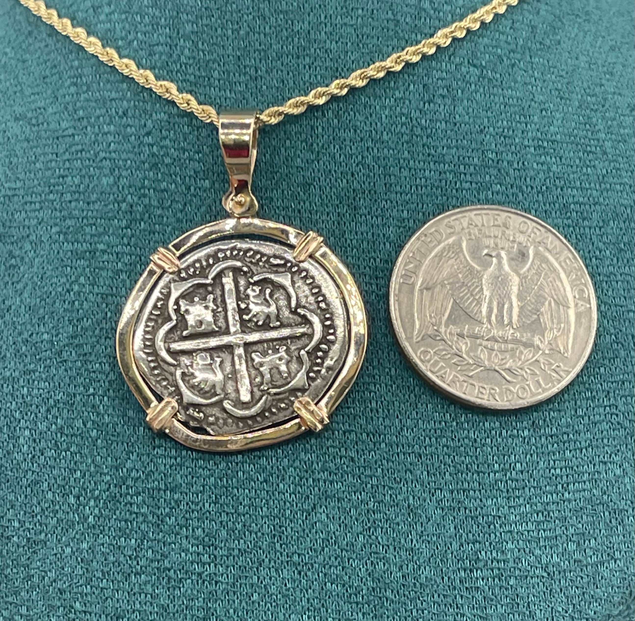 NUESTRA SENORA DE ATOCHA SILVER COIN PENDANT IN 14KT SOLID GOLD BEZEL