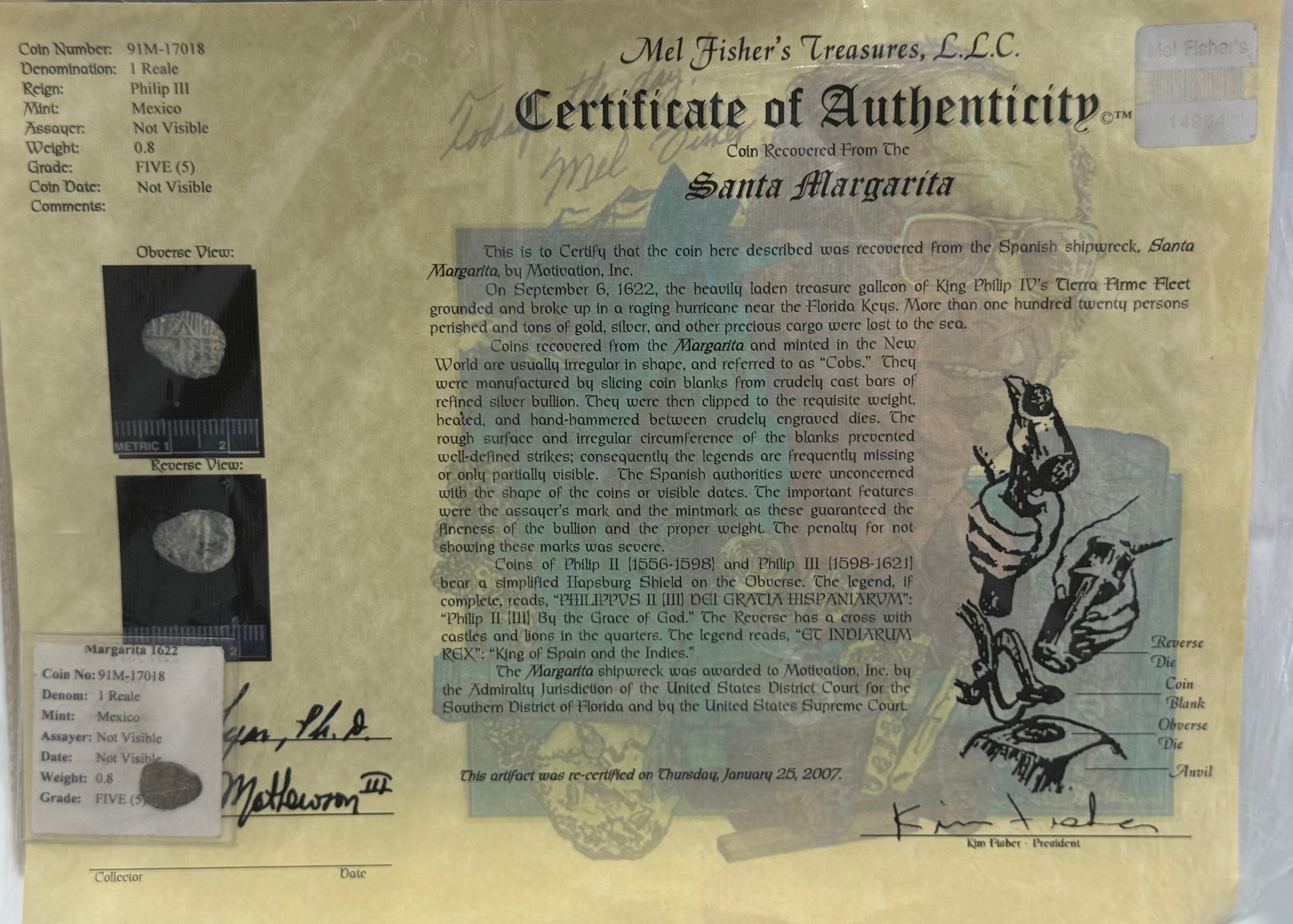 ACTUAL SANTA MARGARITA SILVER COIN 1 REALE GRADE 5 SHIPWRECK COIN NO 91M-17018