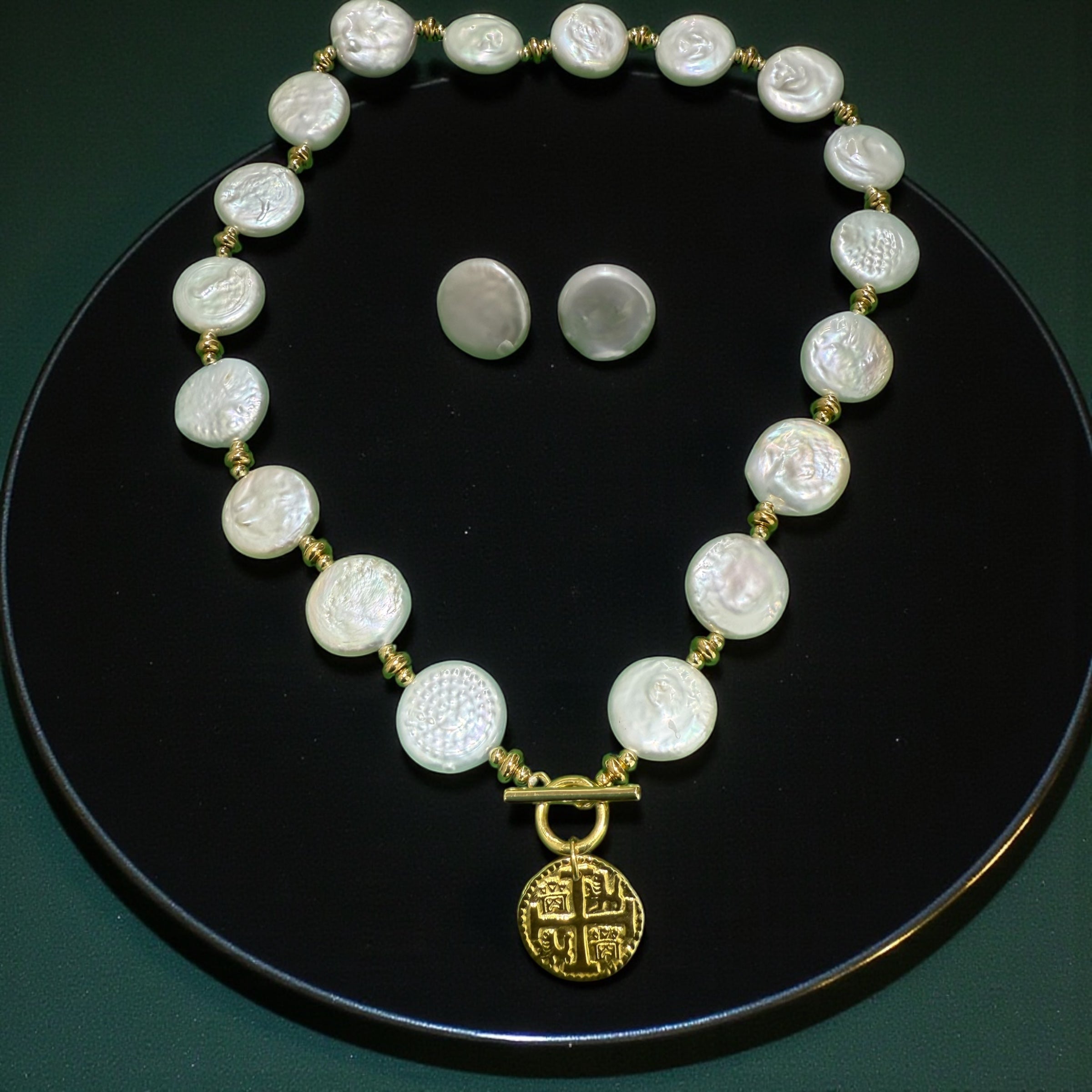 Beautiful Coin Pearl toggle necklace on atocha silver coin charm 18”