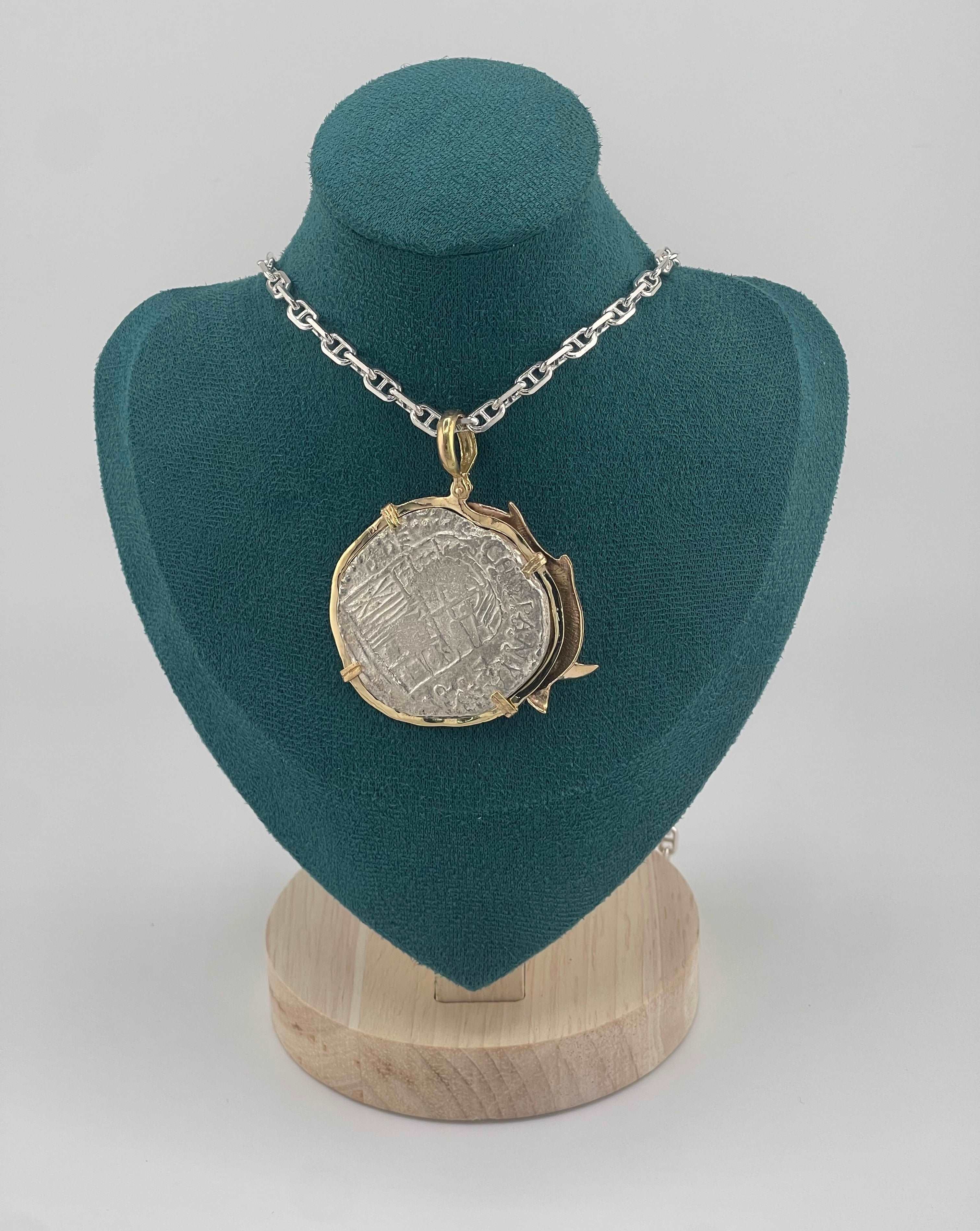 NUESTRA SENORA DE ATOCHA SOLID LARGE SILVER COIN PENDANT IN 14KT SOLID FISH GOLD BEZEL