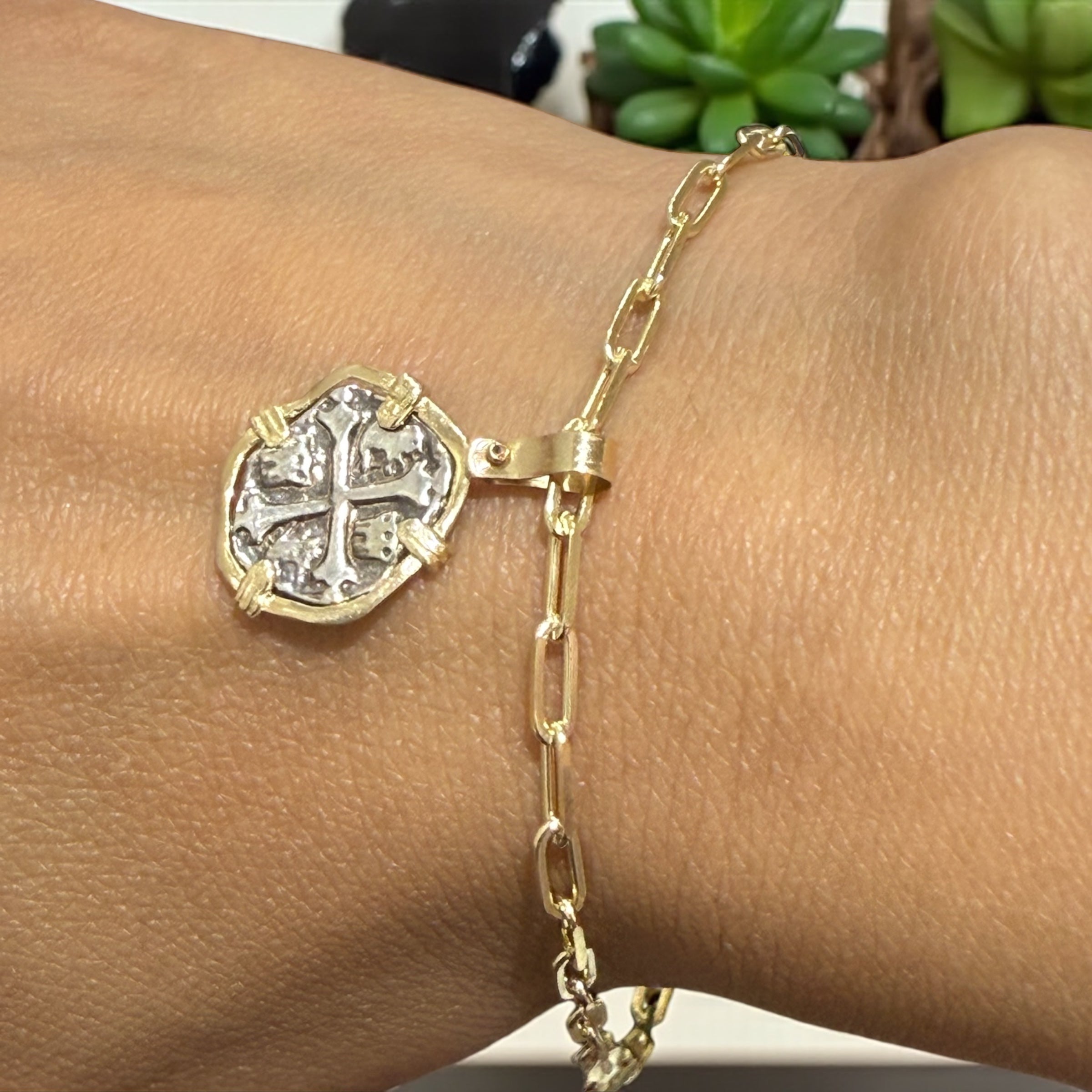 Atocha mini coin in 14k gold bezel charm bracelet set in 925 silver paper clip bracelet 2.6mm