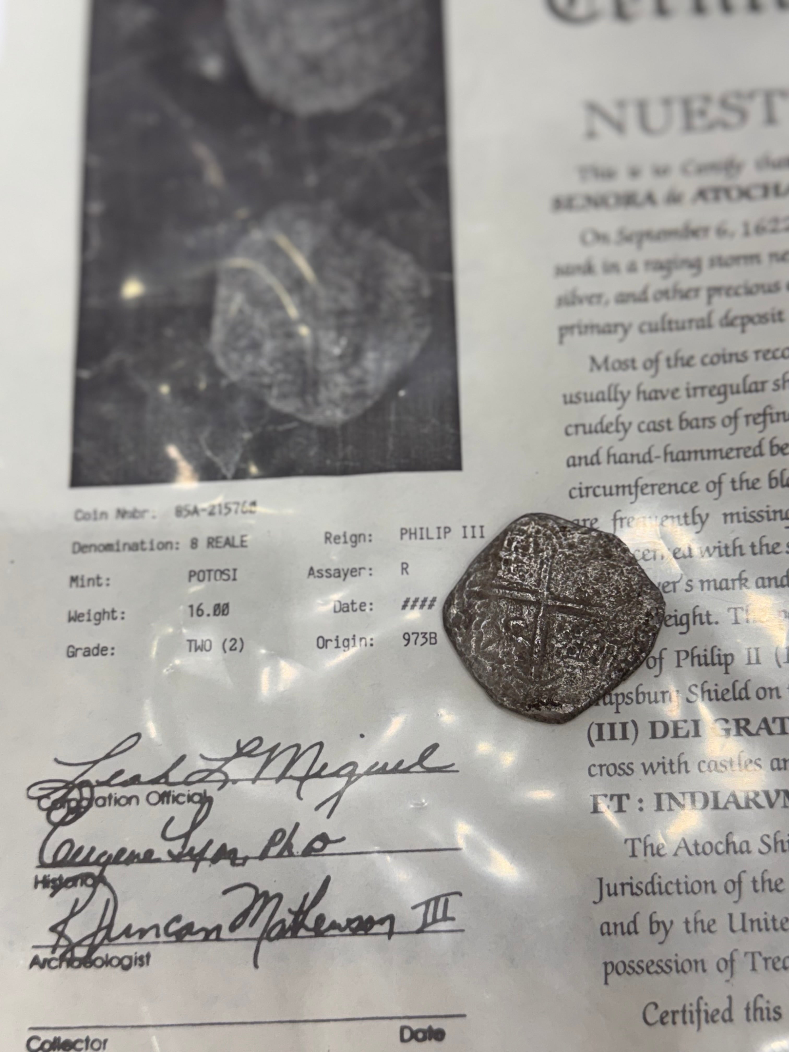 ACTUAL COIN NUESTRA SENORA DE ATOCHA SILVER COIN 8 REALE GRADE 2 SHIPWRECK COIN NO 85A-215760