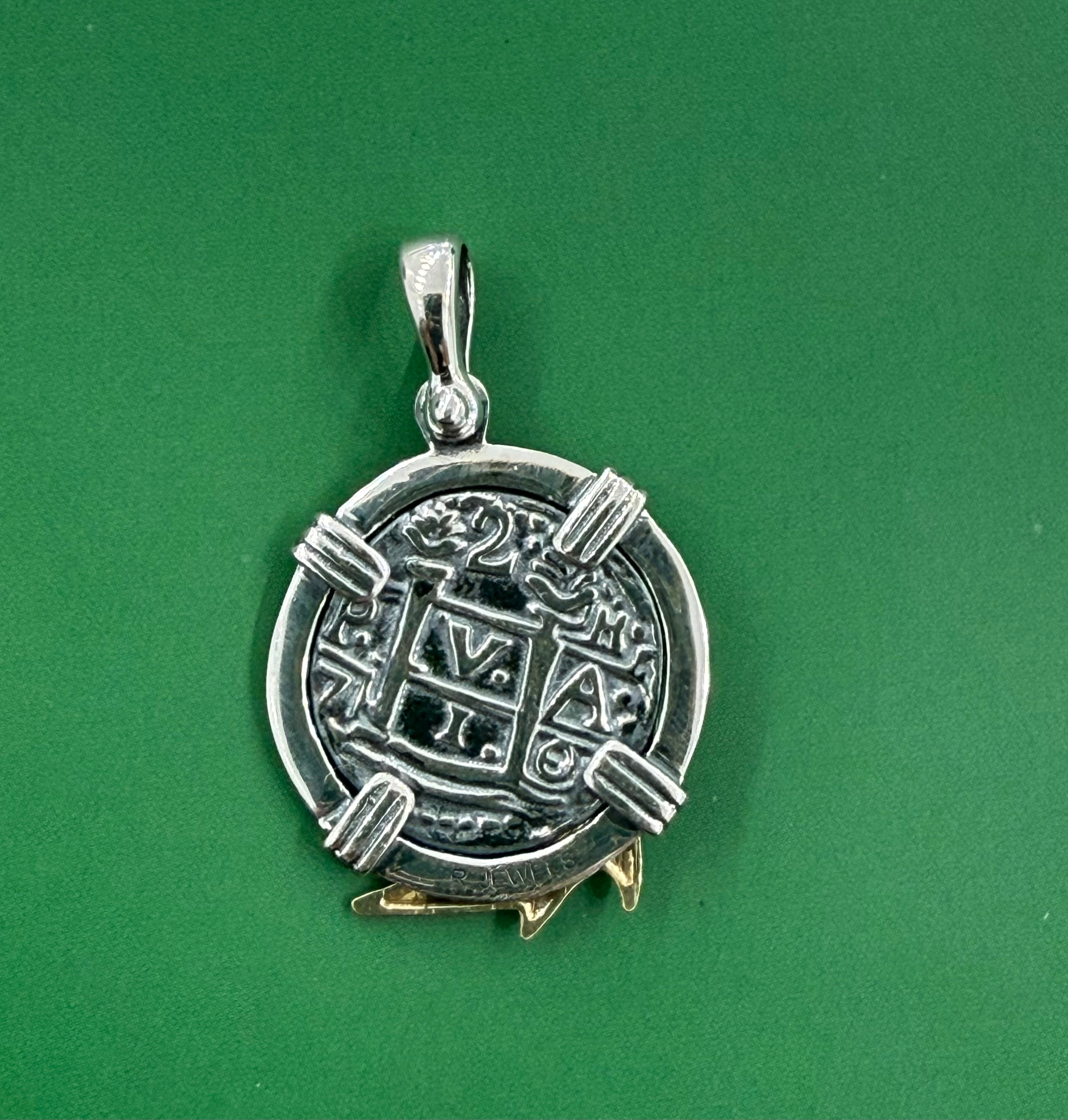 ATOCHA SOLID SILVER COIN PENDANT DIME SIZE IN 14k REAL GOLD SHARK