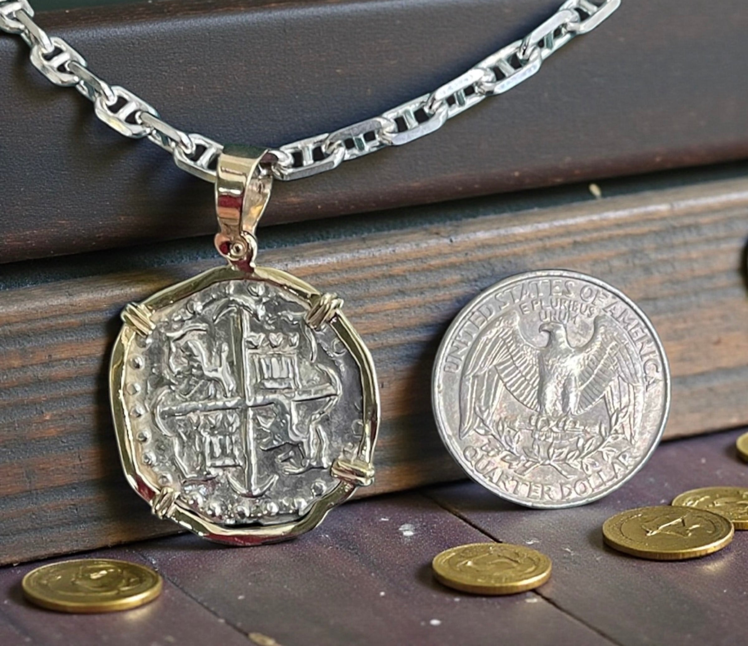 NUESTRA SENORA DE ATOCHA SOLID SILVER COIN PENDANT IN 14KT SOLID GOLD BEZEL