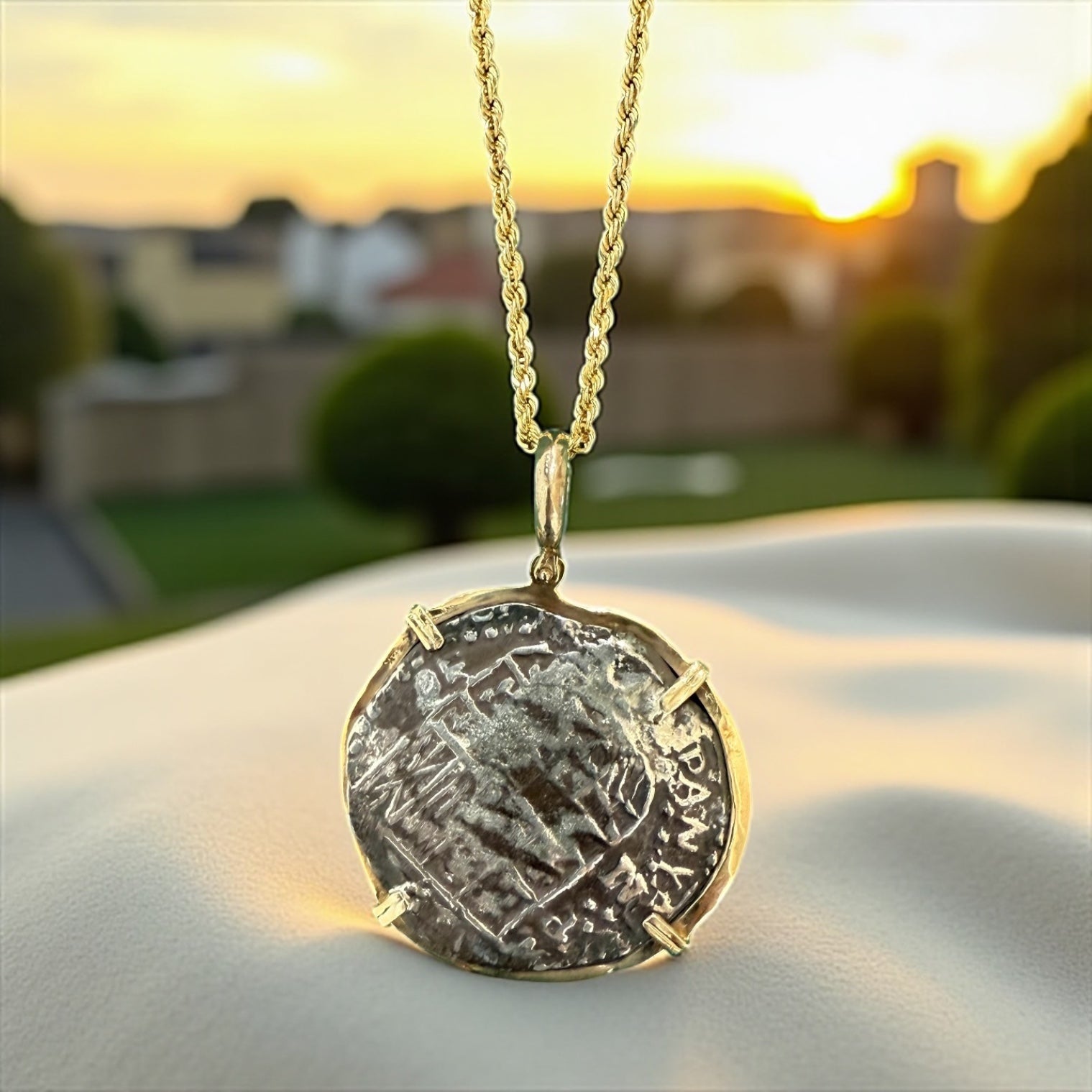 ATOCHA SOLID LARGE SIZE SILVER COIN PENDANT IN 14KT SOLID GOLD BEZEL