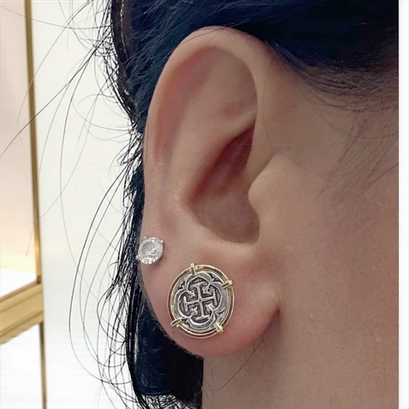 ATOCHA MINI SILVER COIN EARRINGS IN 14k GOLD BEZEL 12MM