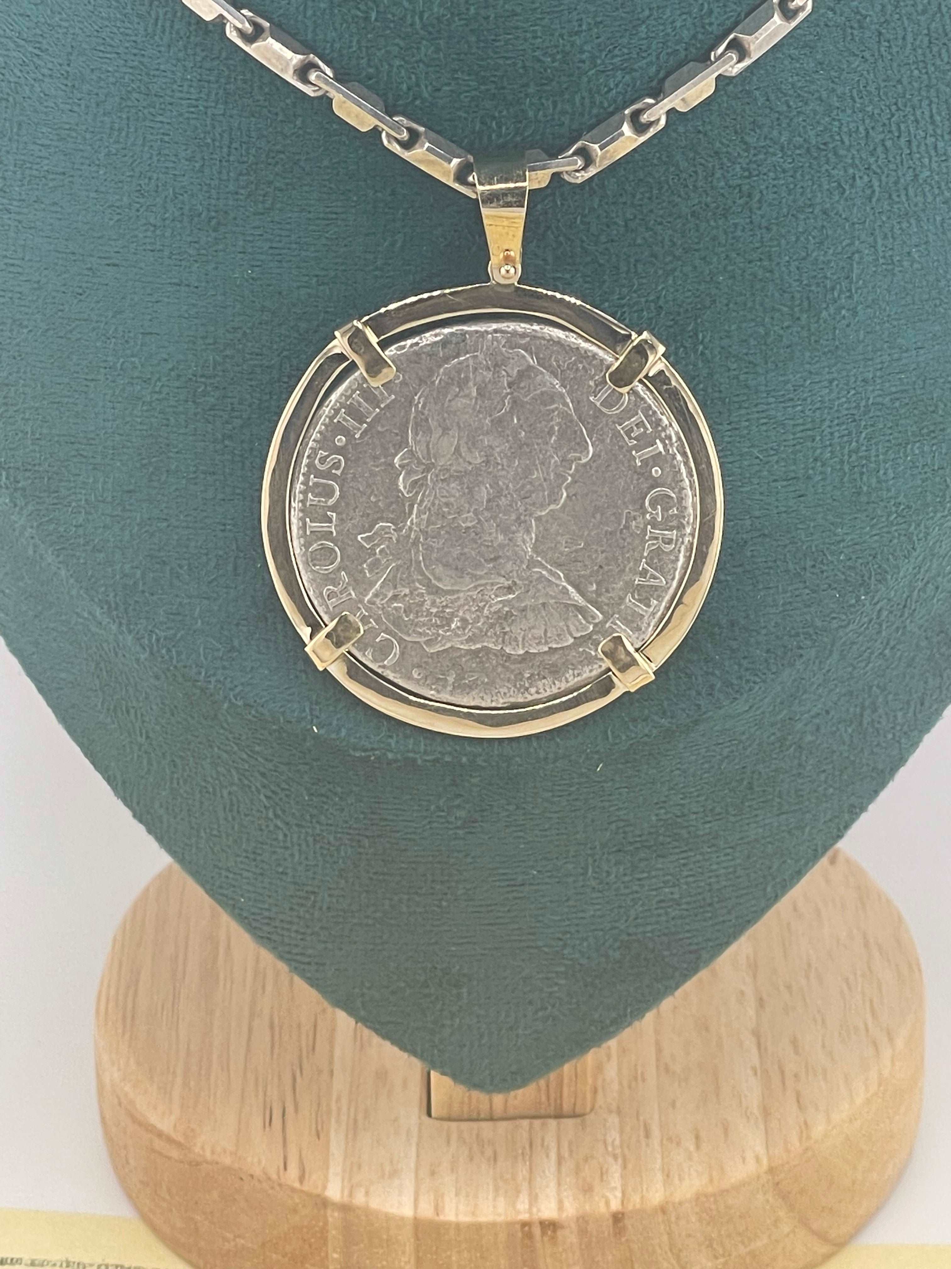ACTUAL GRADE 1 EL CAZADOR COIN PENDANT IN 10K SOLID REAL GOLD BEZEL