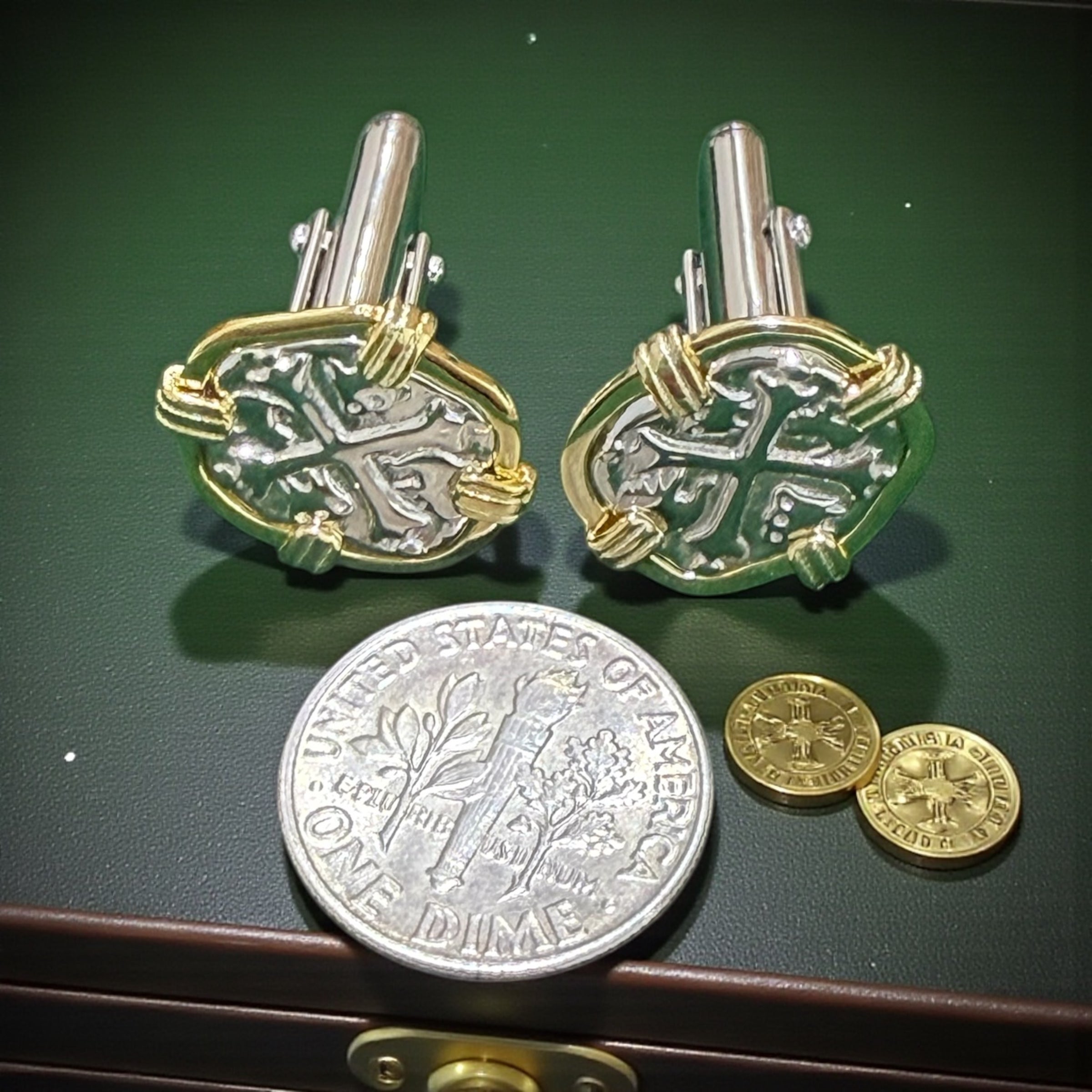 Atocha Shipwreck Coin Cufflinks: 14k Gold vermeil and Sterling Silver