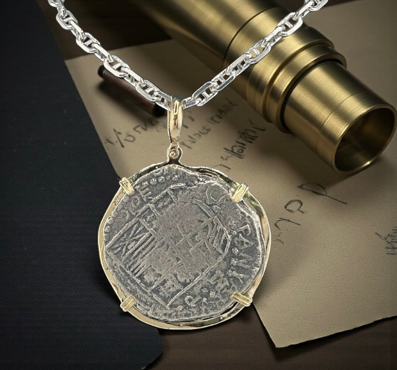 NUESTRA SENORA DE ATOCHA SOLID LARGE SIZE SILVER COIN PENDANT IN 14KT SOLID GOLD BEZEL