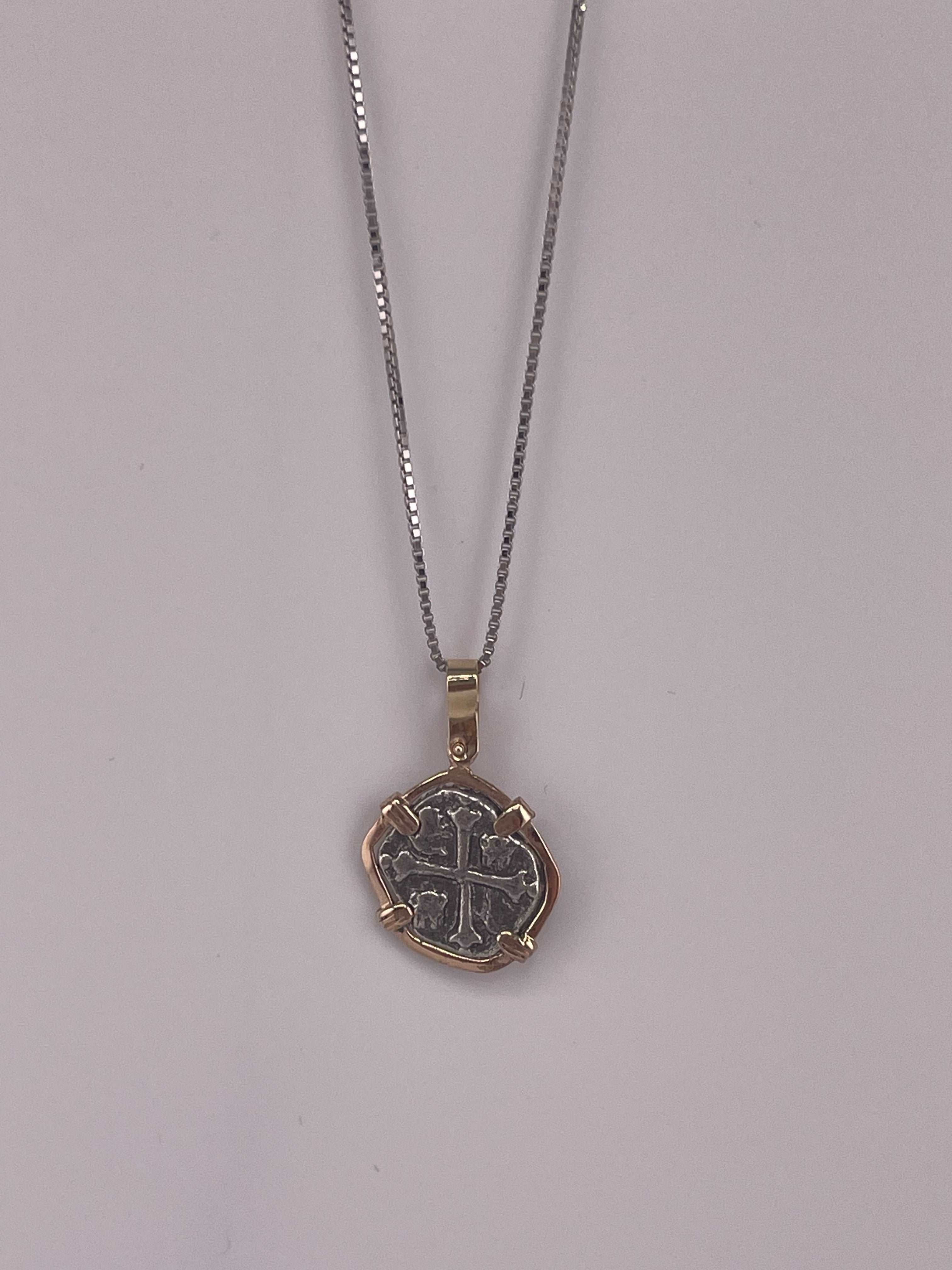 NUESTRA SENORA DE ATOCHA MINI SILVER COIN PENDANT IN 14KT GOLD BEZEL
