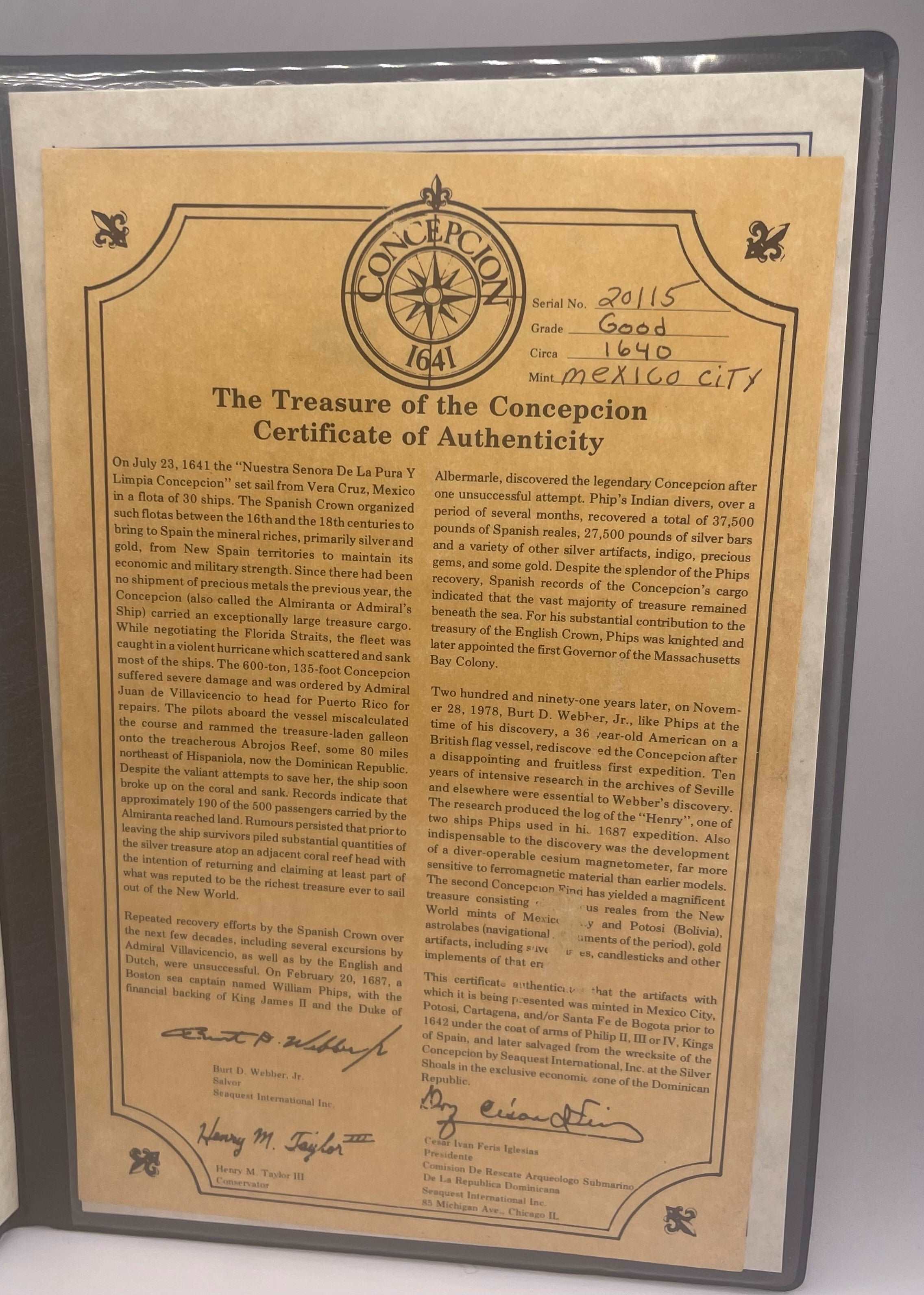 TREASURE OF THE CONCEPCION 1641 COIN “PIECE OF EIGHT”BEZELED IN 14K SOLID GOLD WITH CERTIFICATE OF AUTHENTICITY