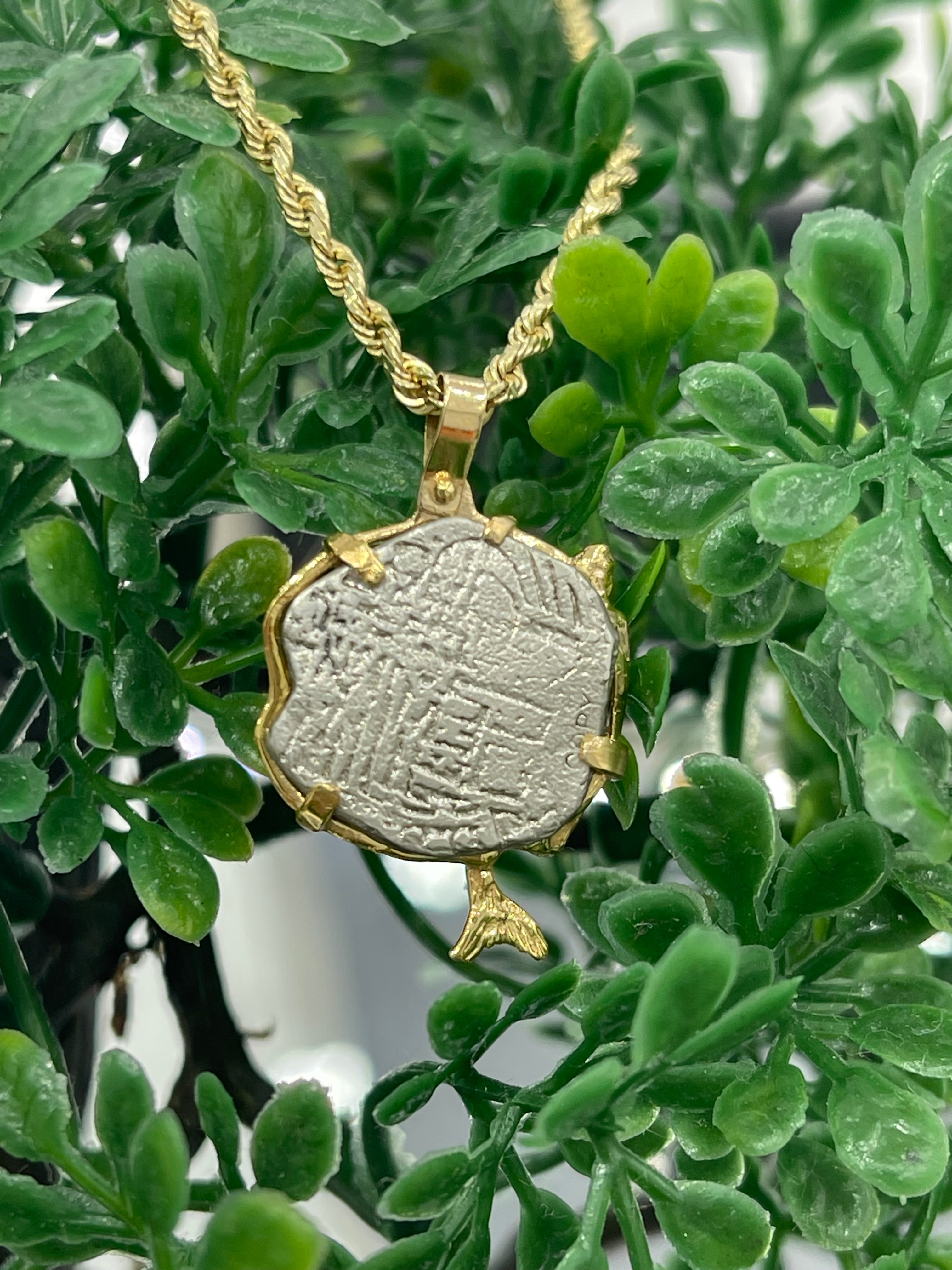 ATOCHA SHIPWRECK SILVER COIN PENDANT IN 14KT SOLID REAL GOLD MERMAID BEZEL