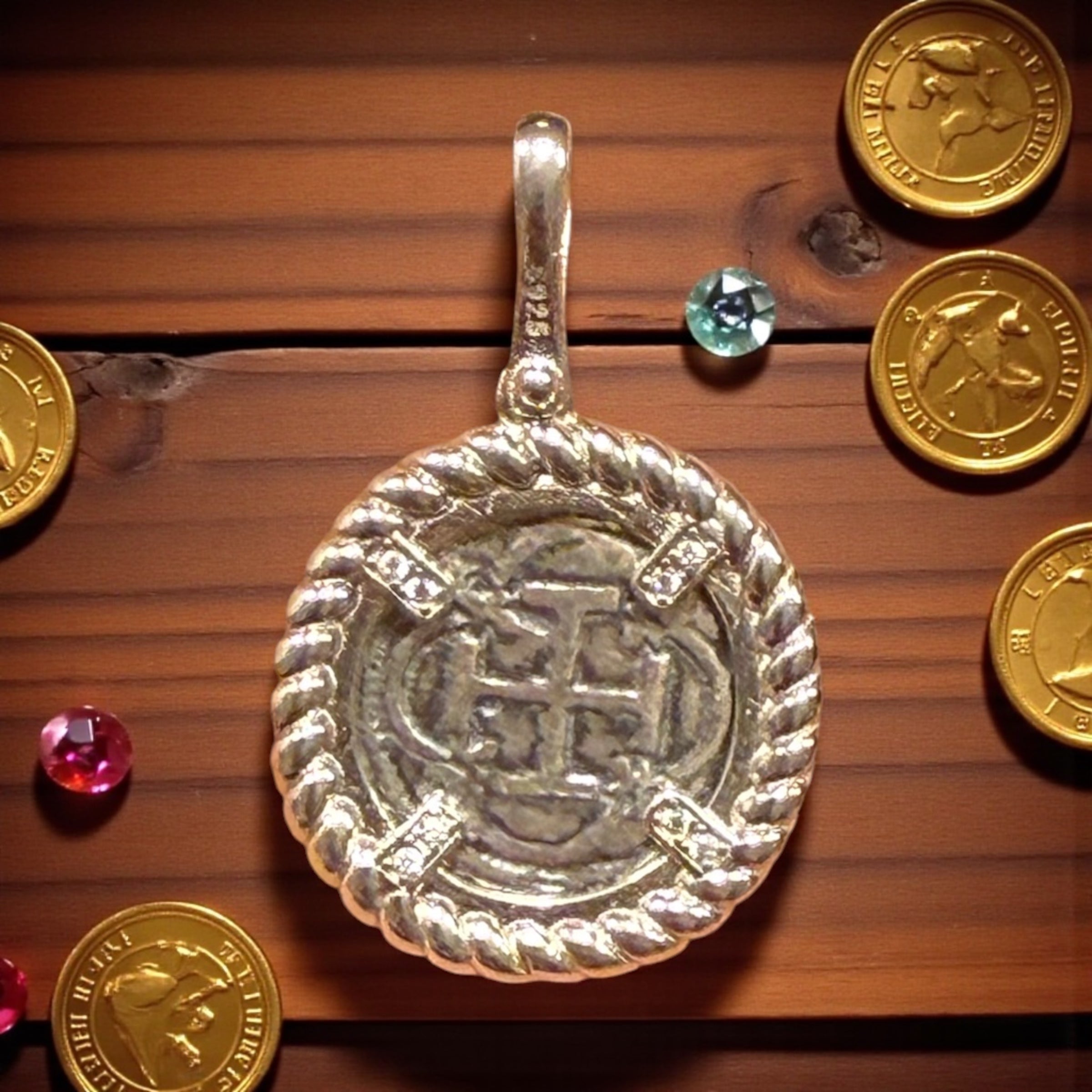 Gorgeous Atocha Shipwreck coin pendant in rope bezel setting 21mm