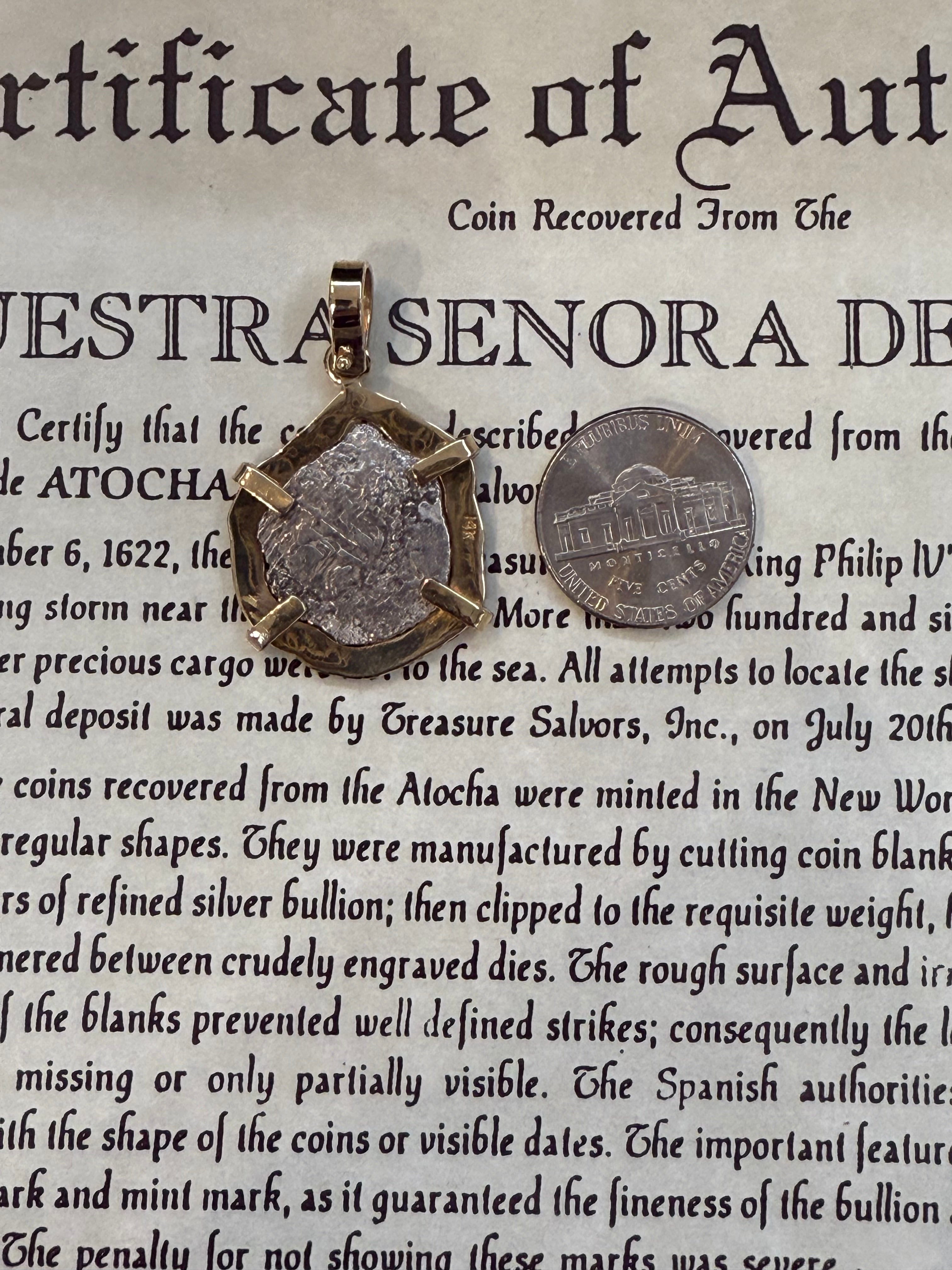 ACTUAL COIN NUESTRA SENORA DE ATOCHA SILVER COIN 1 REALE GRADE 3 IN 14K SOLID GOLD BEZEL SHIPWRECK COIN PENDANT