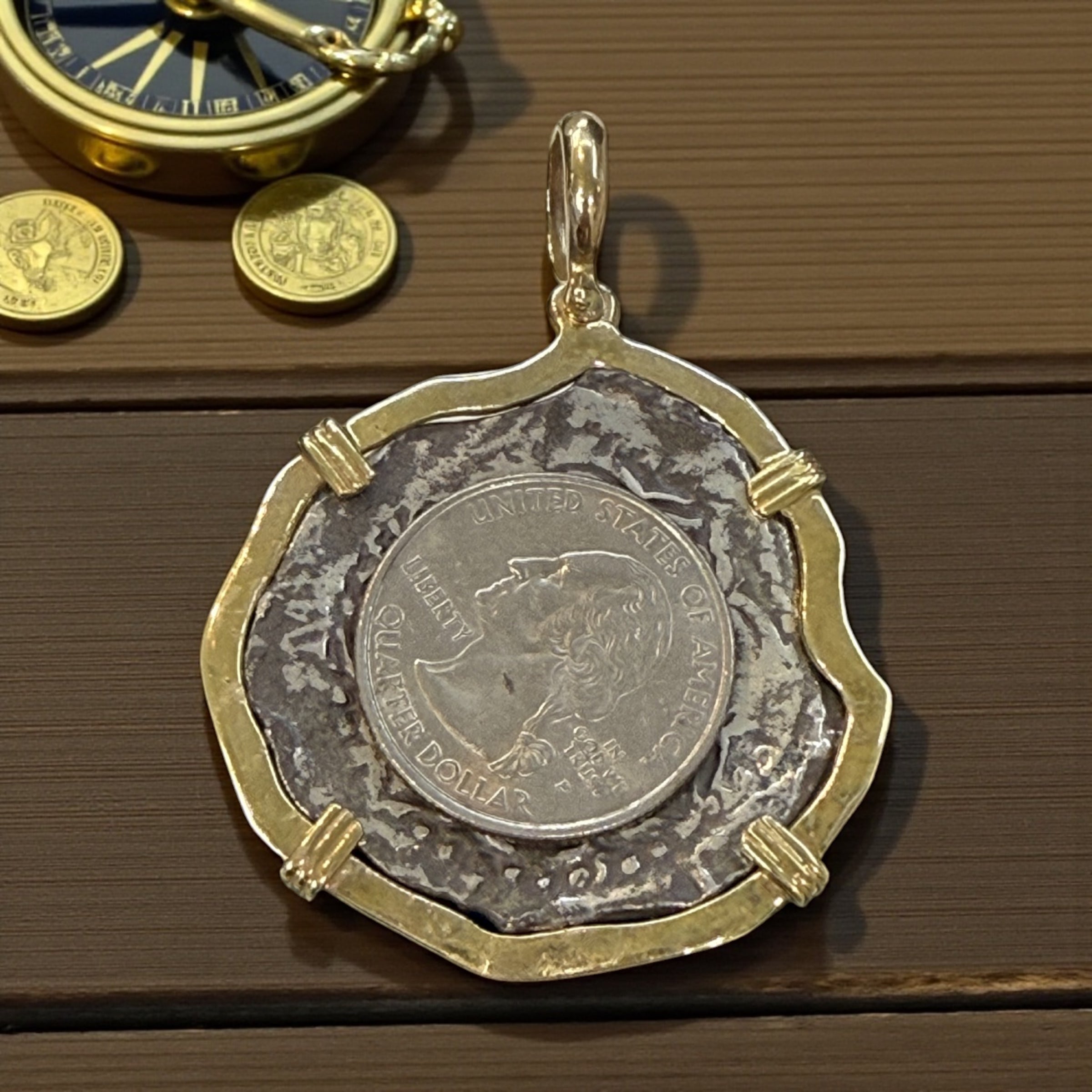 ATOCHA SILVER COIN PENDANT IN 14K REAL SOLID GOLD BEZEL 8 REALE SIZE HANDMADE FROM ATOCHA SILVER