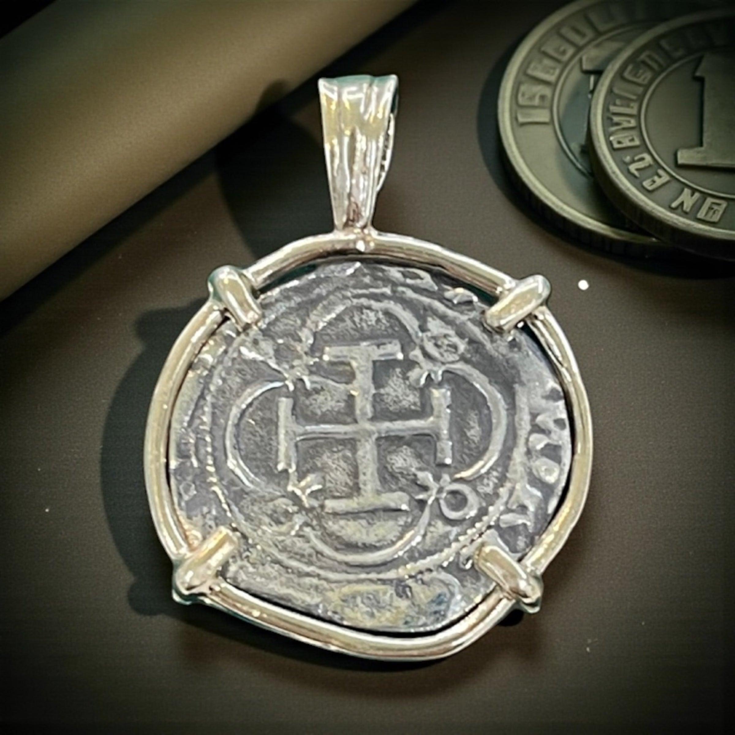 NUESTRA SENORA DE ATOCHA SILVER COIN PENDANT IN 14KT SOLID GOLD BEZEL HANDMADE WITH ATOCHA SILVER