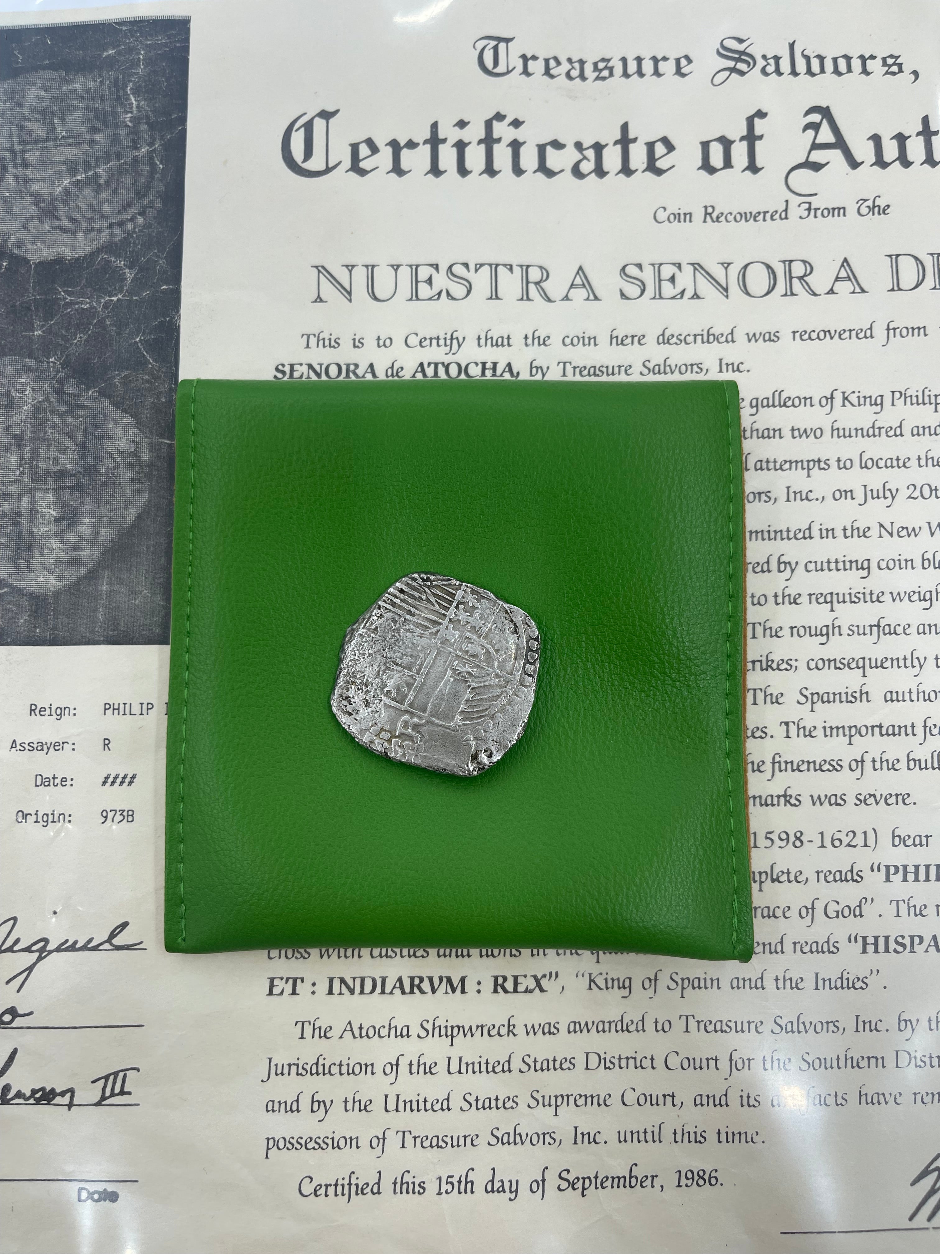 ACTUAL COIN NUESTRA SENORA DE ATOCHA SILVER COIN 8 REALE GRADE 2 COIN R ASSAYER COIN NO : 85A-215760