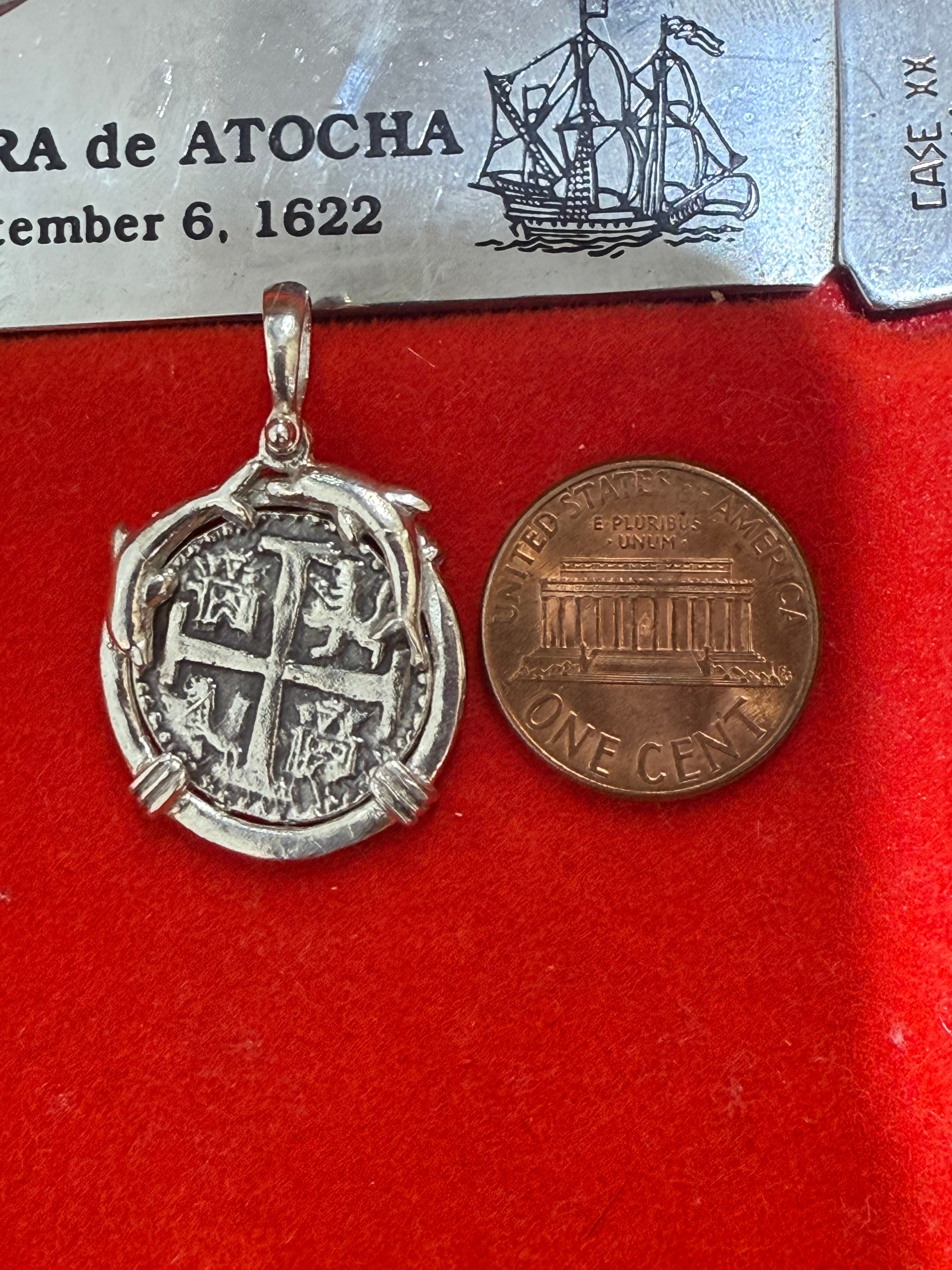 Atocha Shipwreck Treasure Mel fisher silver mini coin pendant on dolphin