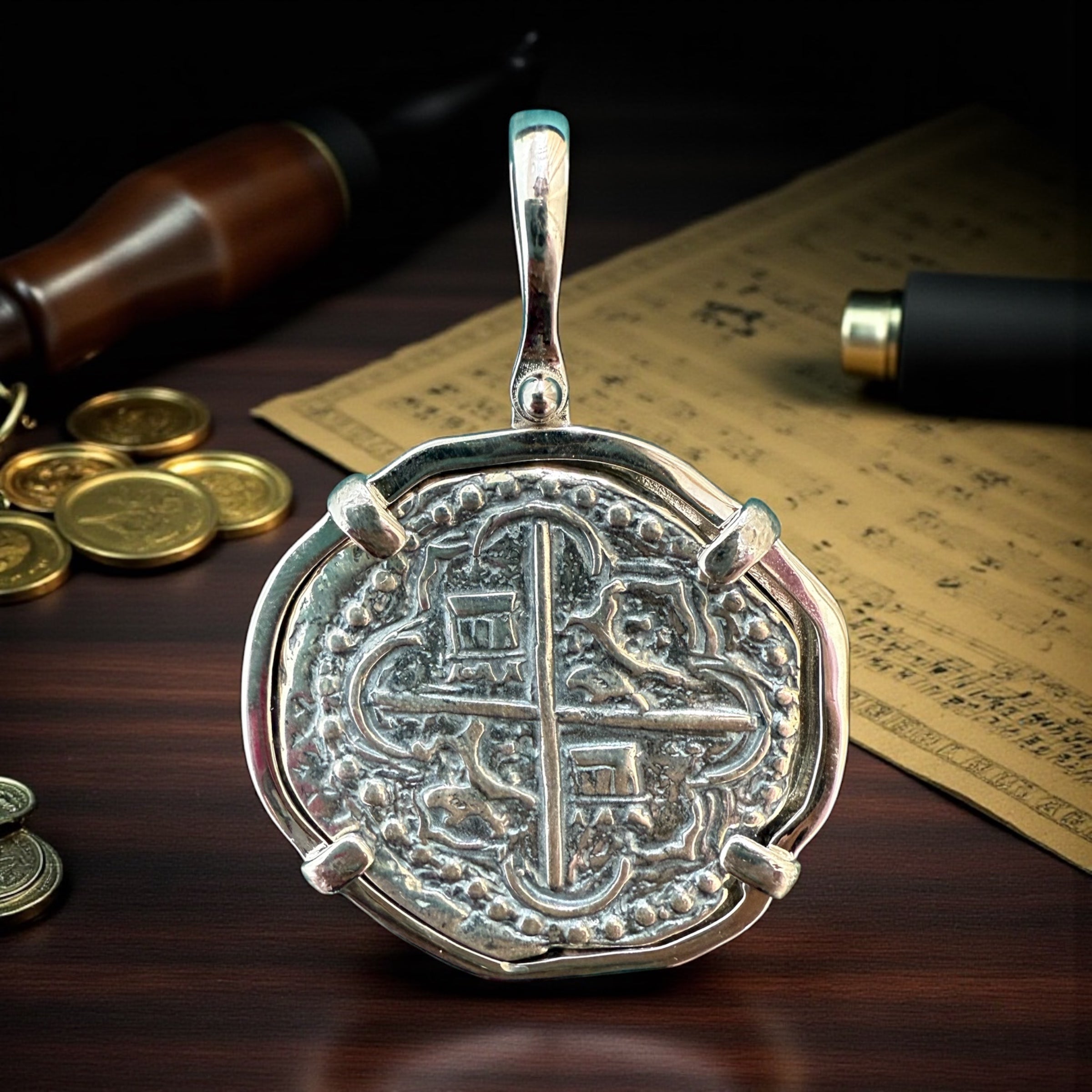 Atocha large size silver coin pendant in polished finish with bale 10mm size