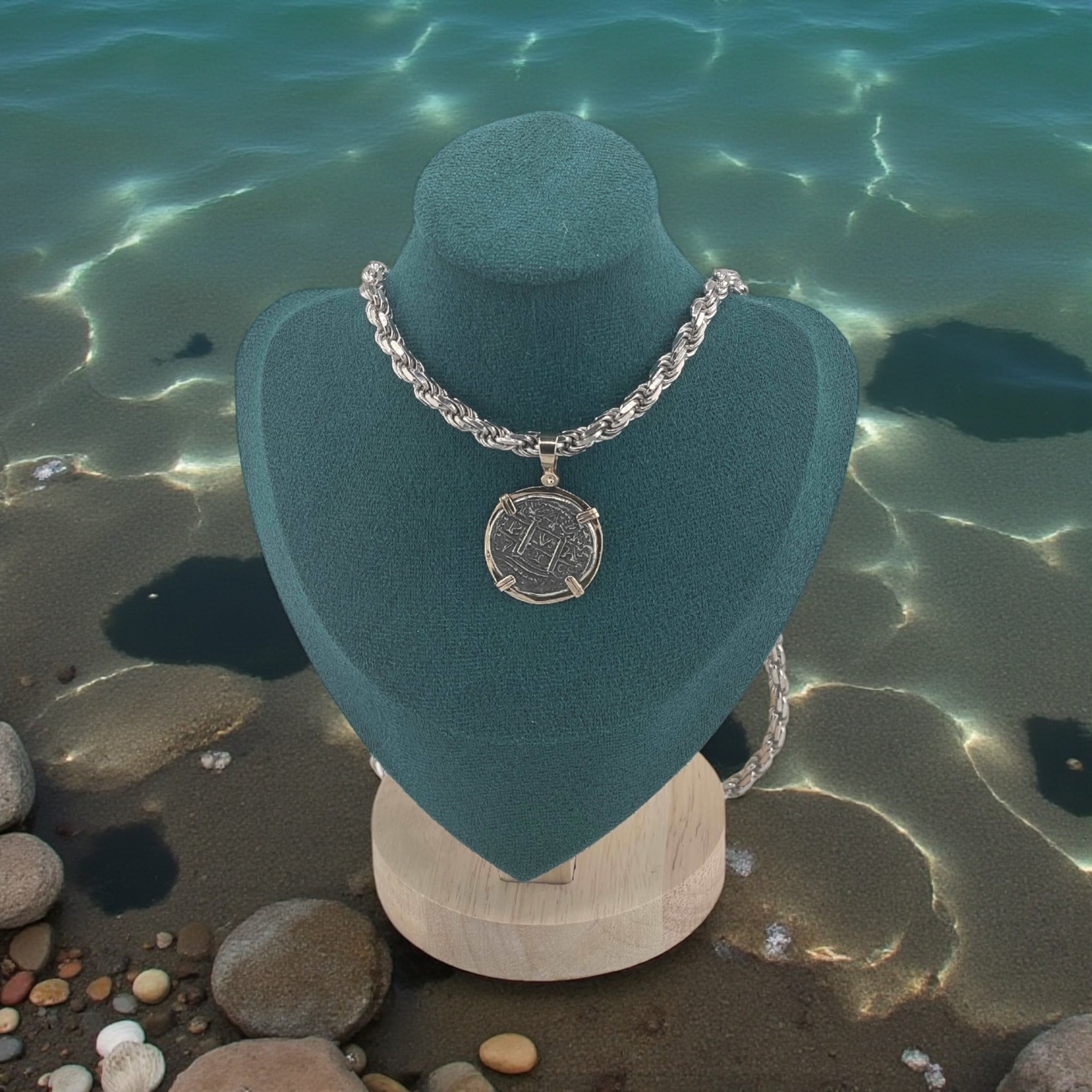 NUESTRA SENORA DE ATOCHA SILVER COIN PENDANT IN 14KT GOLD BEZEL