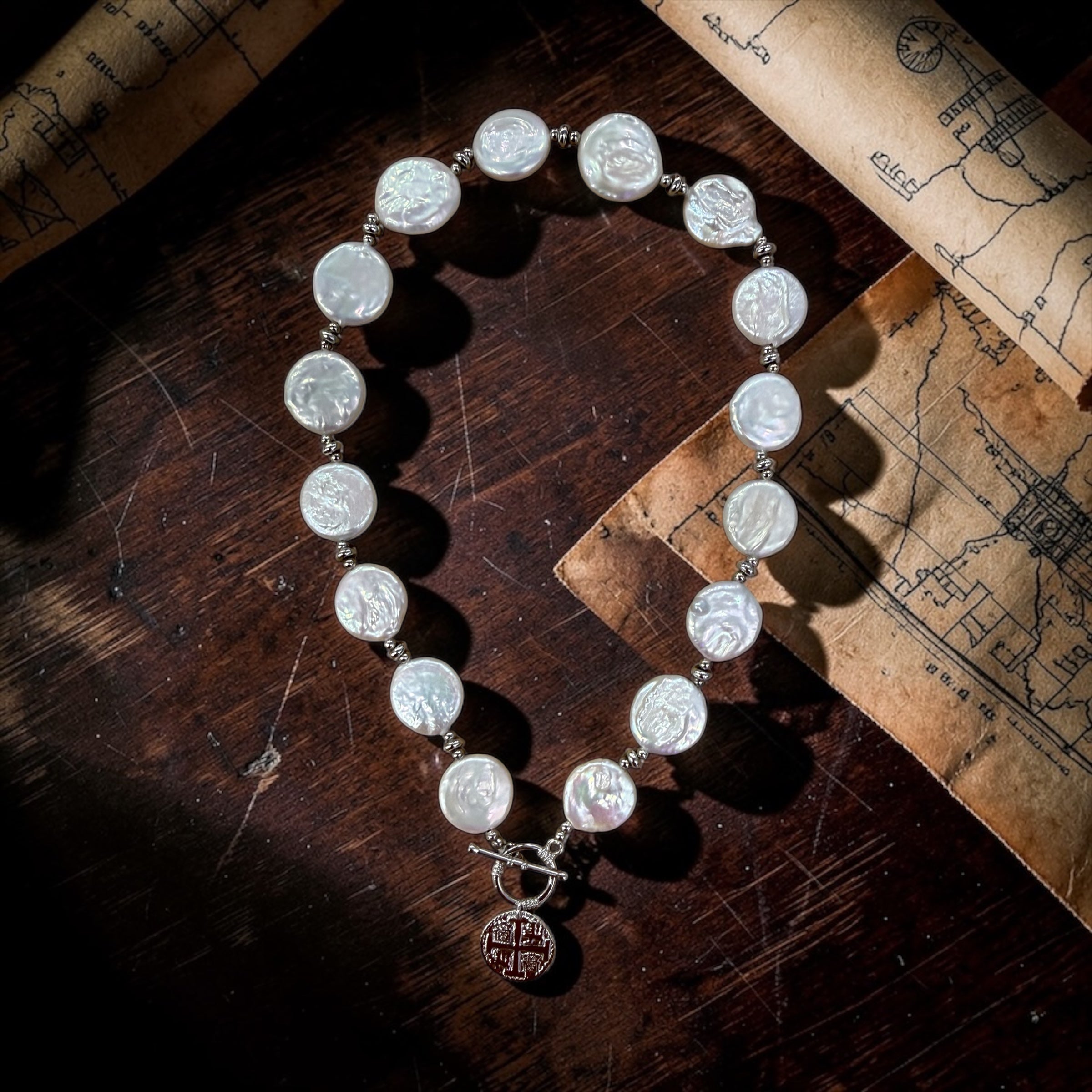 Coin Pearl Toggle Necklace: Atocha Sterling Silver Charm, 925 sterling silver