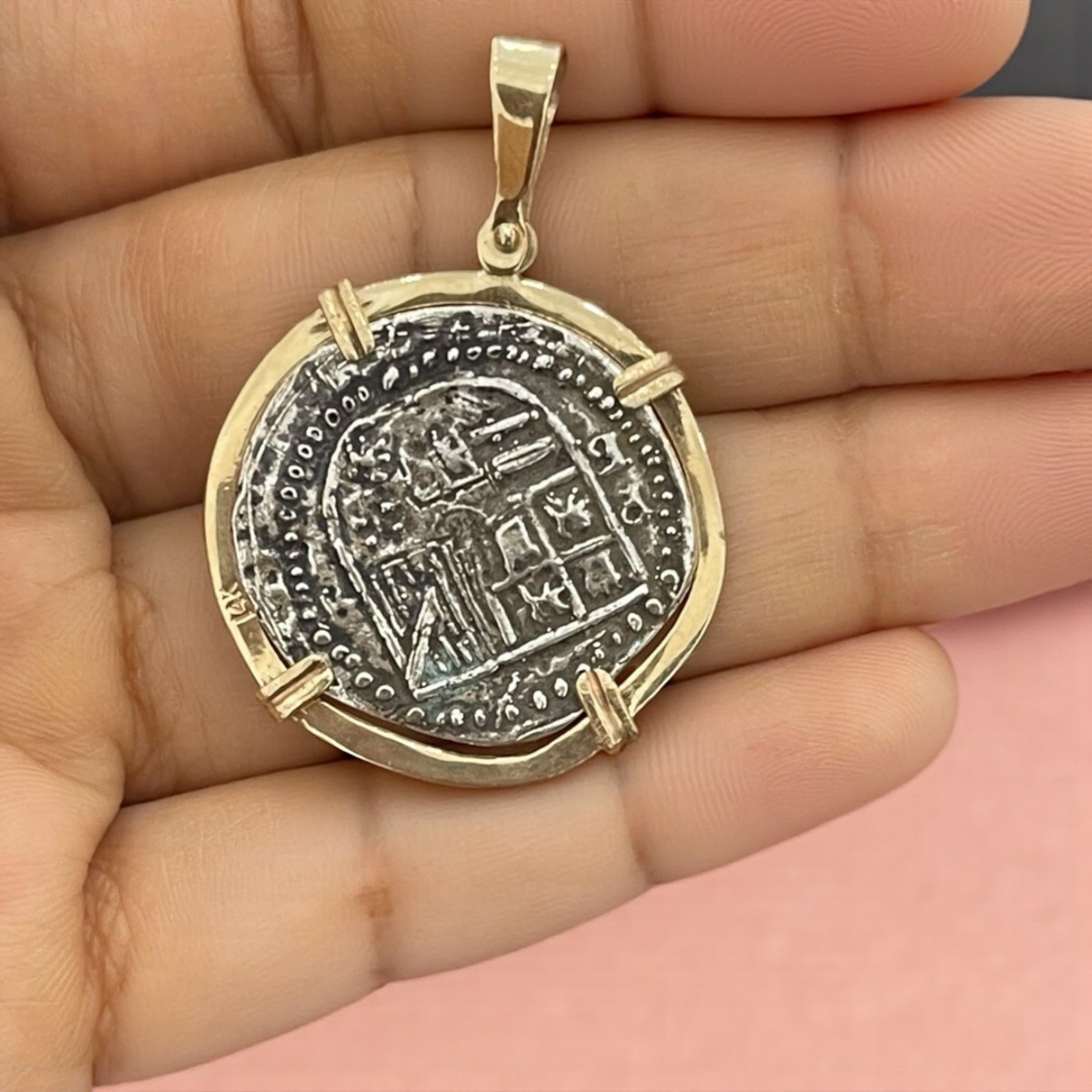 ATOCHA SILVER COIN PENDANT IN 14K REAL SOLID GOLD BEZEL HANDMADE FROM ATOCHA SILVER QUARTER SIZE