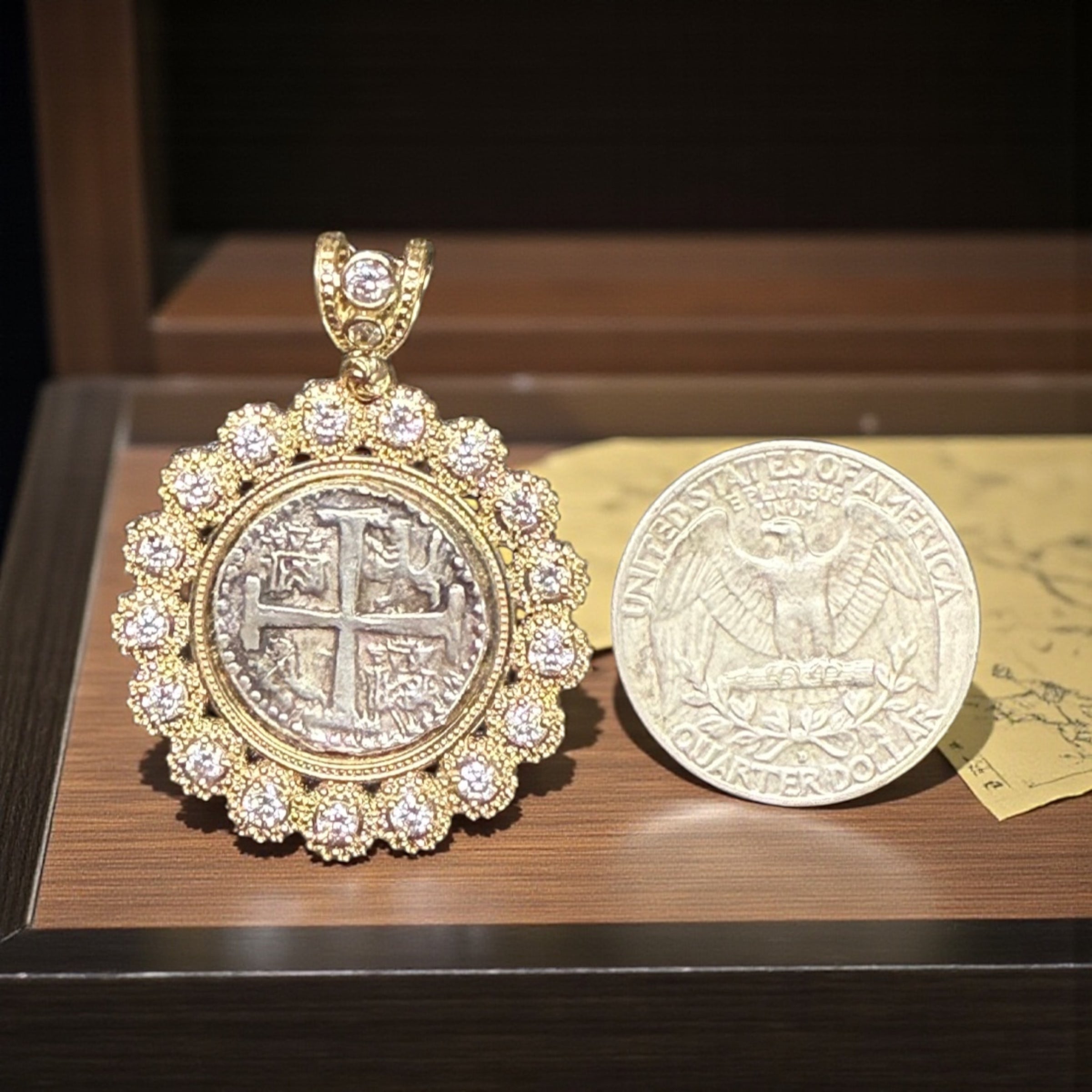 ATOCHA SILVER COIN PENDANT IN 10KT REAL GOLD SETTING WITH GORGEOUS WHITE CRYSTALS