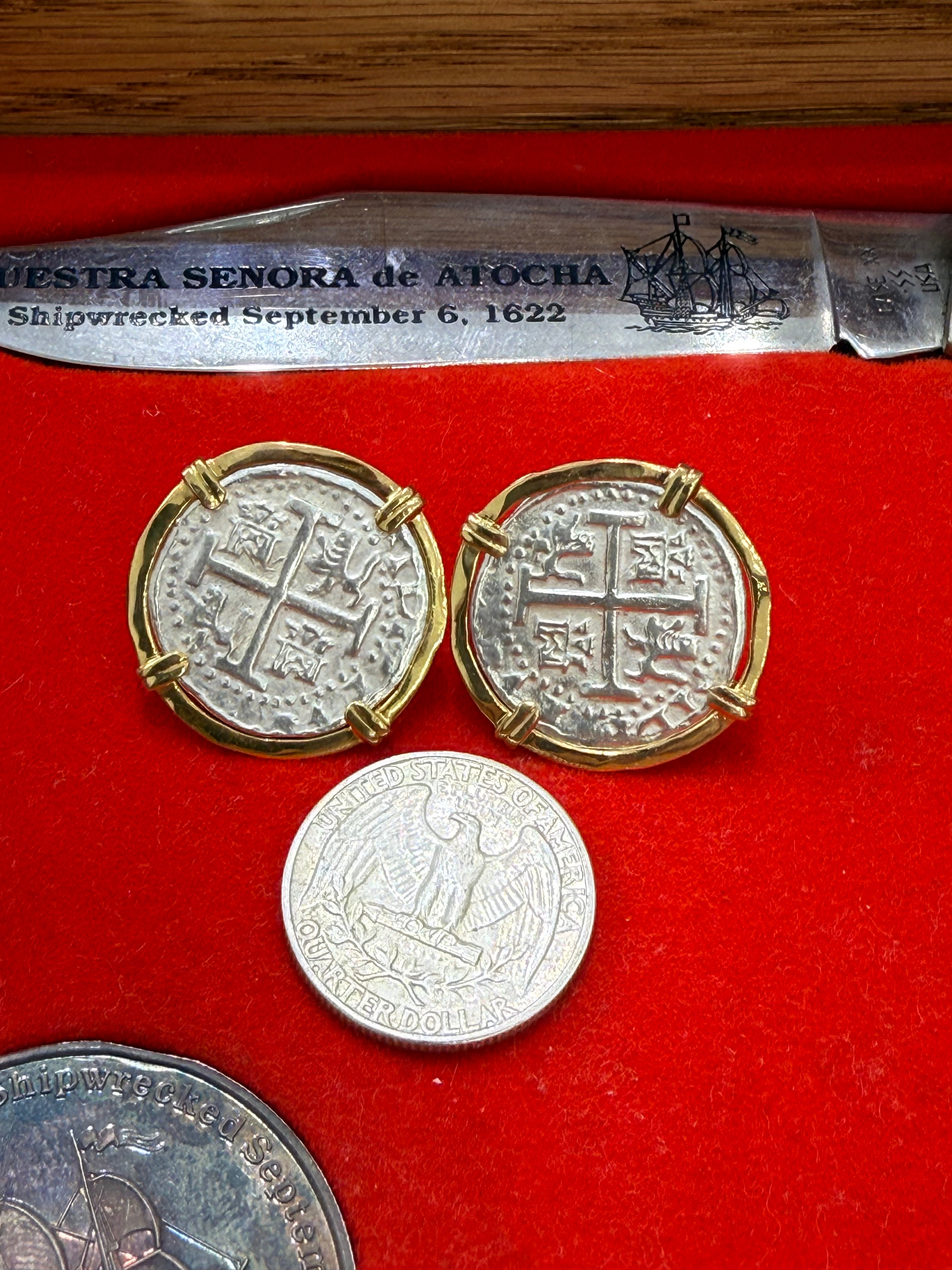 Atocha Silver COCKTAIL Coin Earrings 25mm in 14k real gold bezel